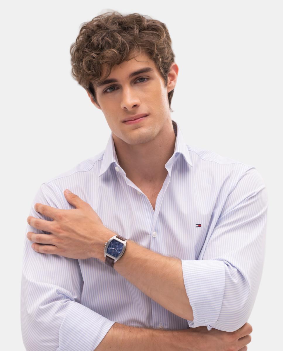 Relógio Multifunções Aço e Pele Azul-4