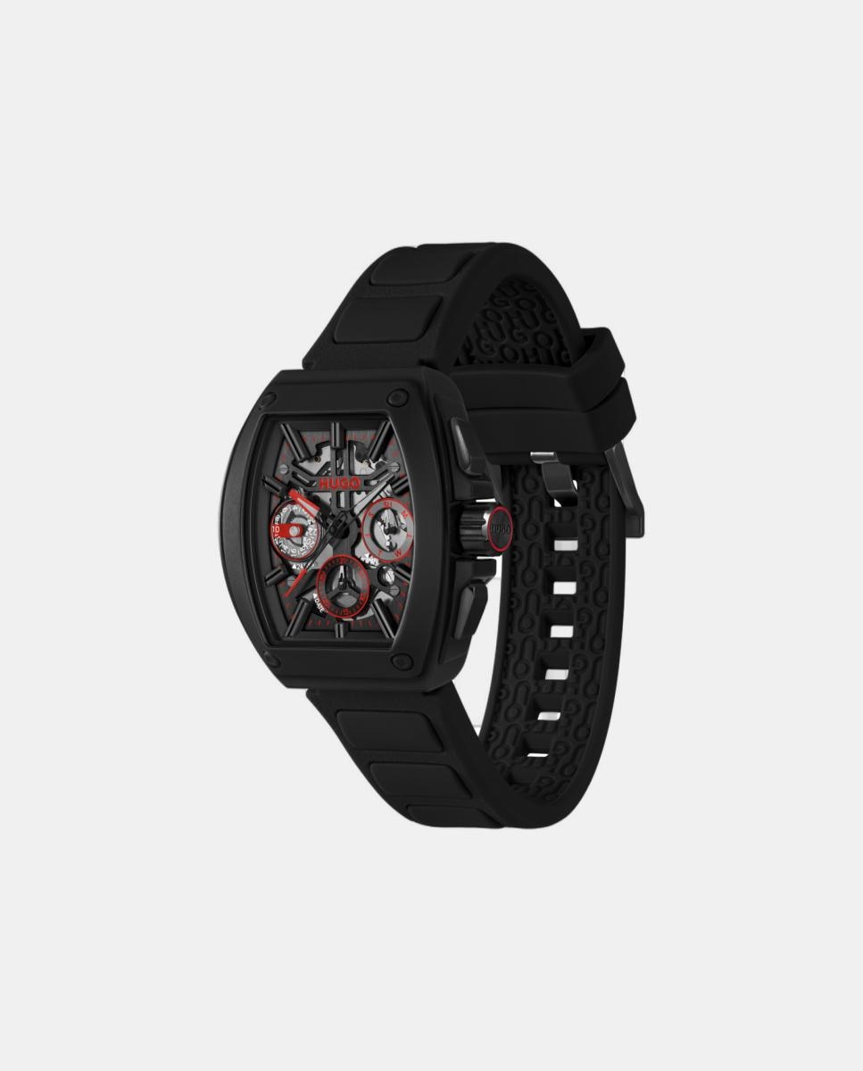 Relógio Hugo ID Skeleton 1530446 de silicone preto Preto-2