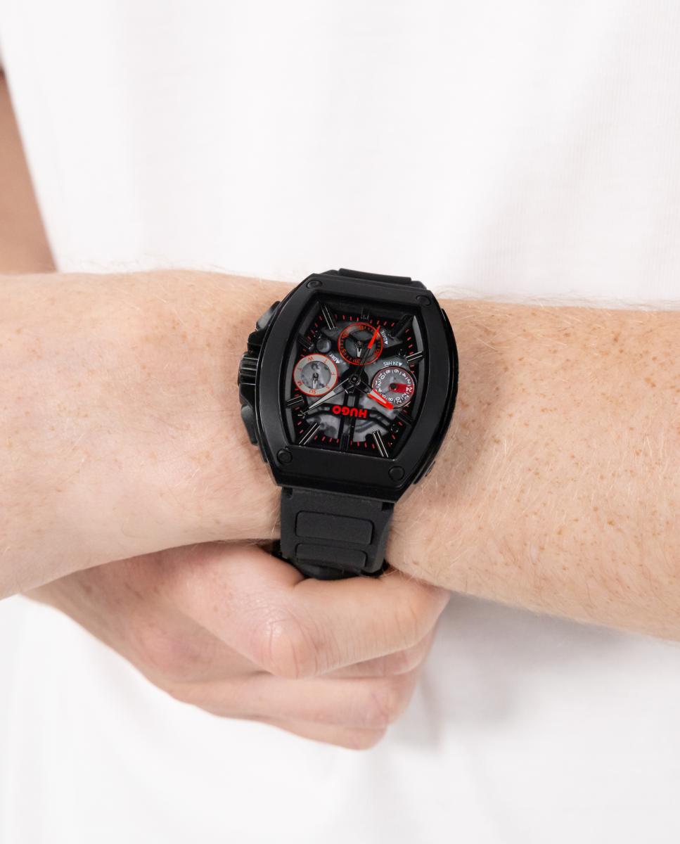Relógio Hugo ID Skeleton 1530446 de silicone preto Preto-5