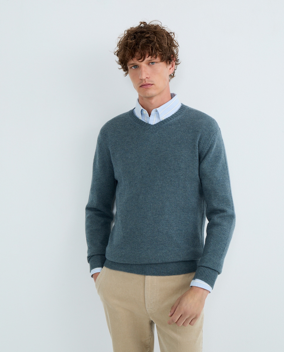 Jersey de hombre cuello pico liso Lambswool Nylon 582 Verde agua-1