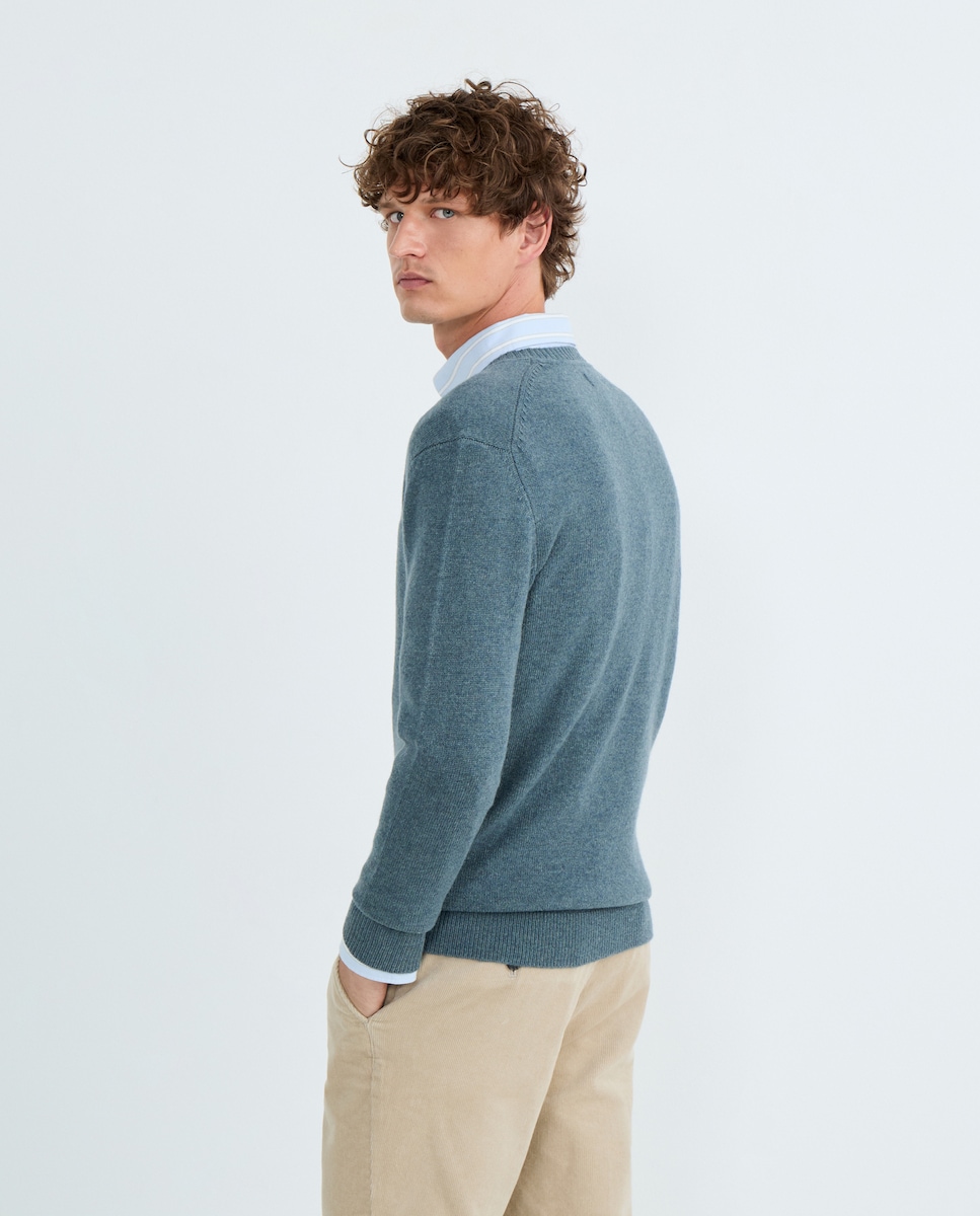 Jersey de hombre cuello pico liso Lambswool Nylon 582 Verde agua-3