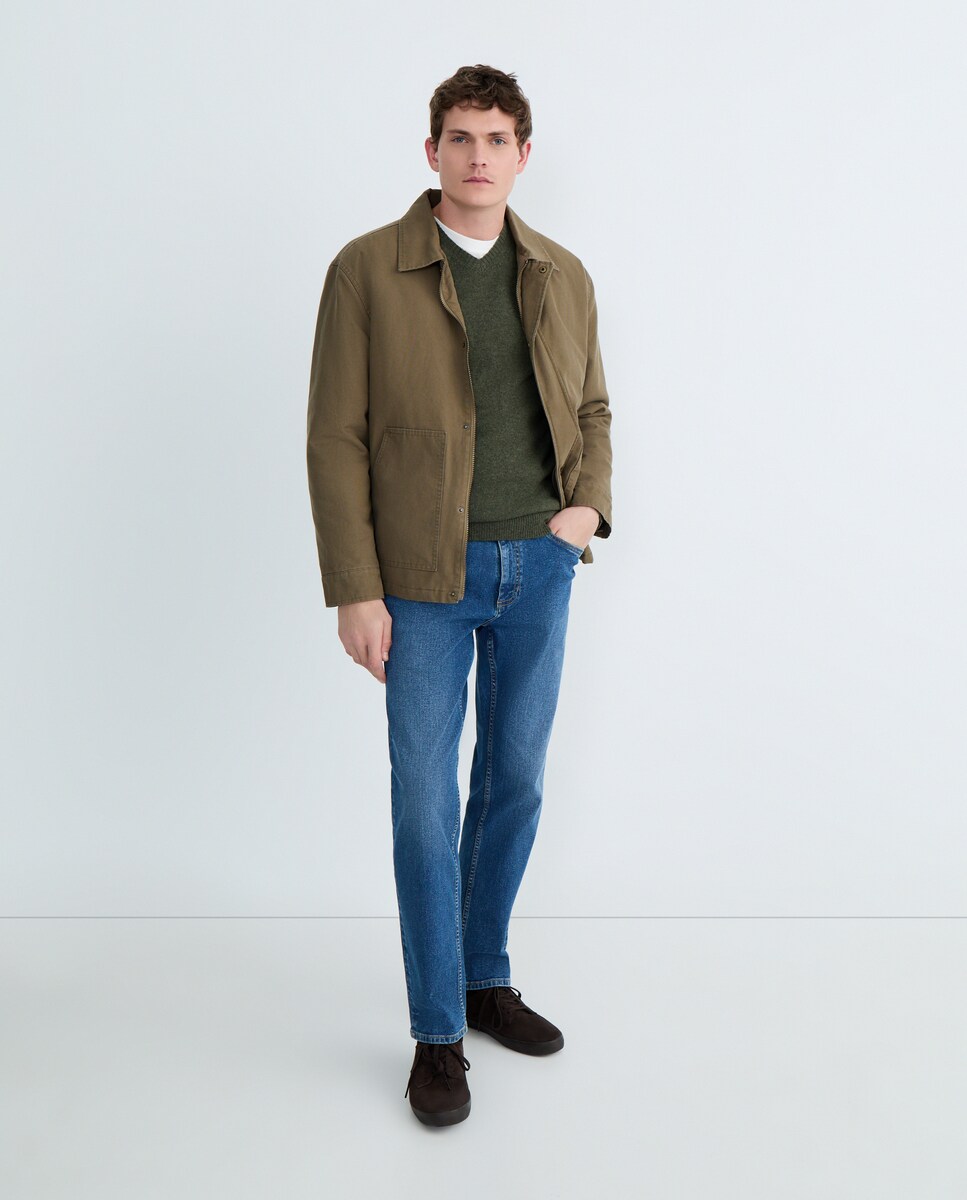 Jersey de hombre cuello pico liso Lambswool Nylon 520 Kaki-2