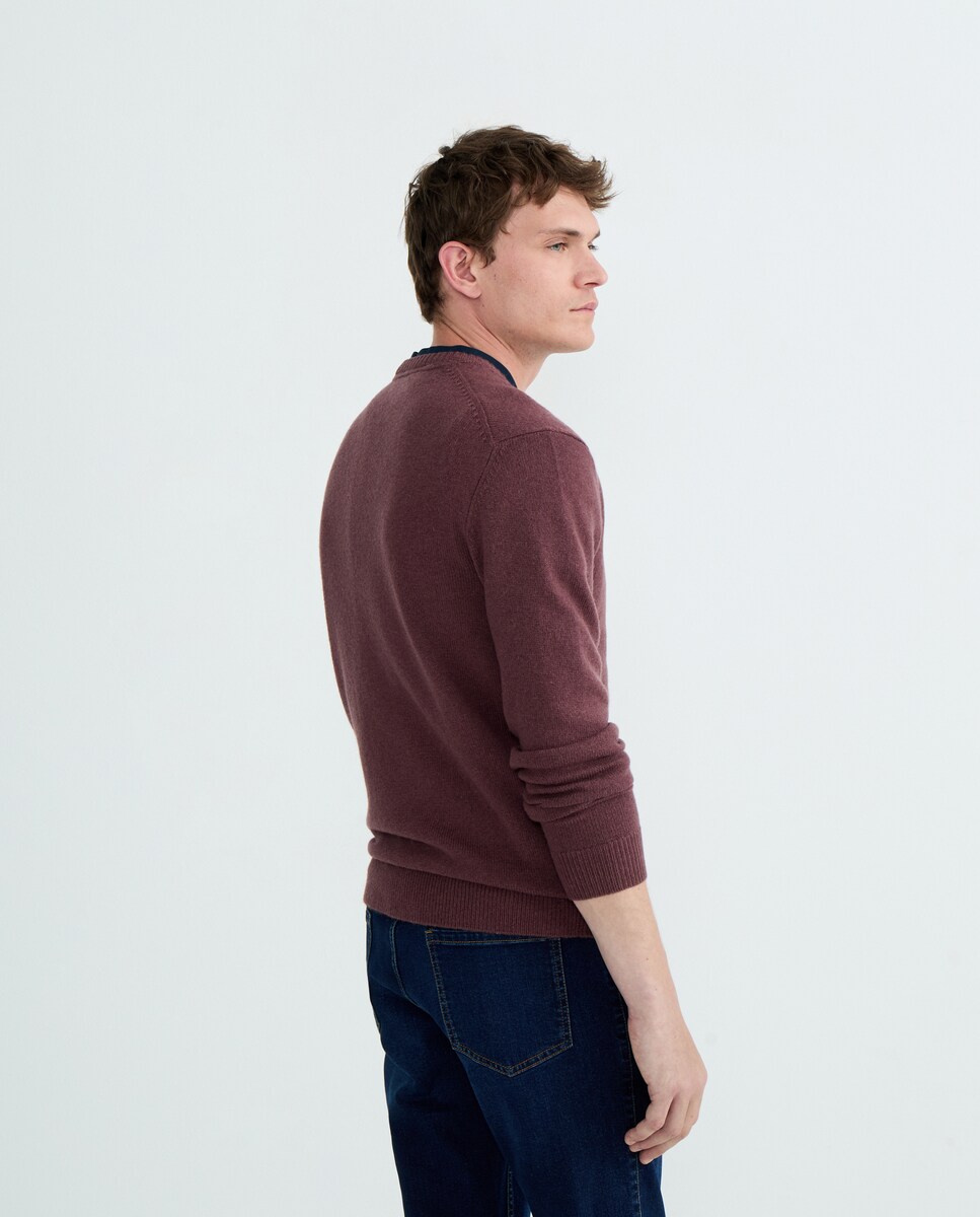 Jersey de hombre cuello pico liso Lambswool Nylon 230 Rosa oscuro-3