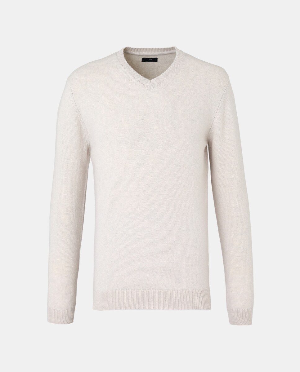 Jersey de hombre cuello pico liso Lambswool Nylon Beige-4