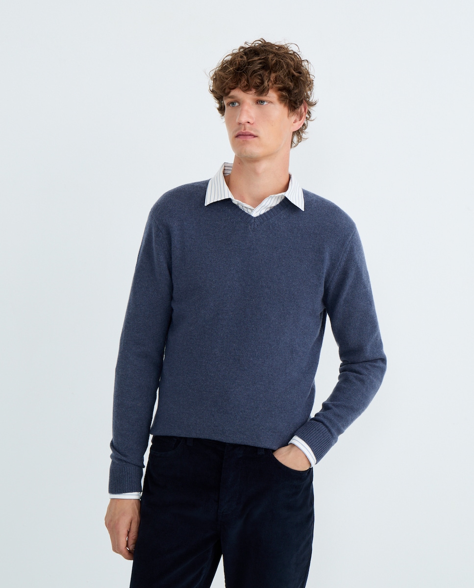 Jersey de hombre cuello pico liso Lambswool Nylon 400 Azul-1