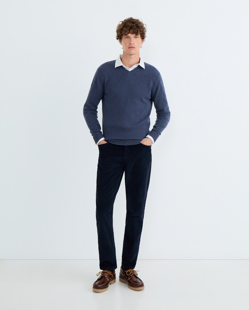 Jersey de hombre cuello pico liso Lambswool Nylon 400 Azul-2