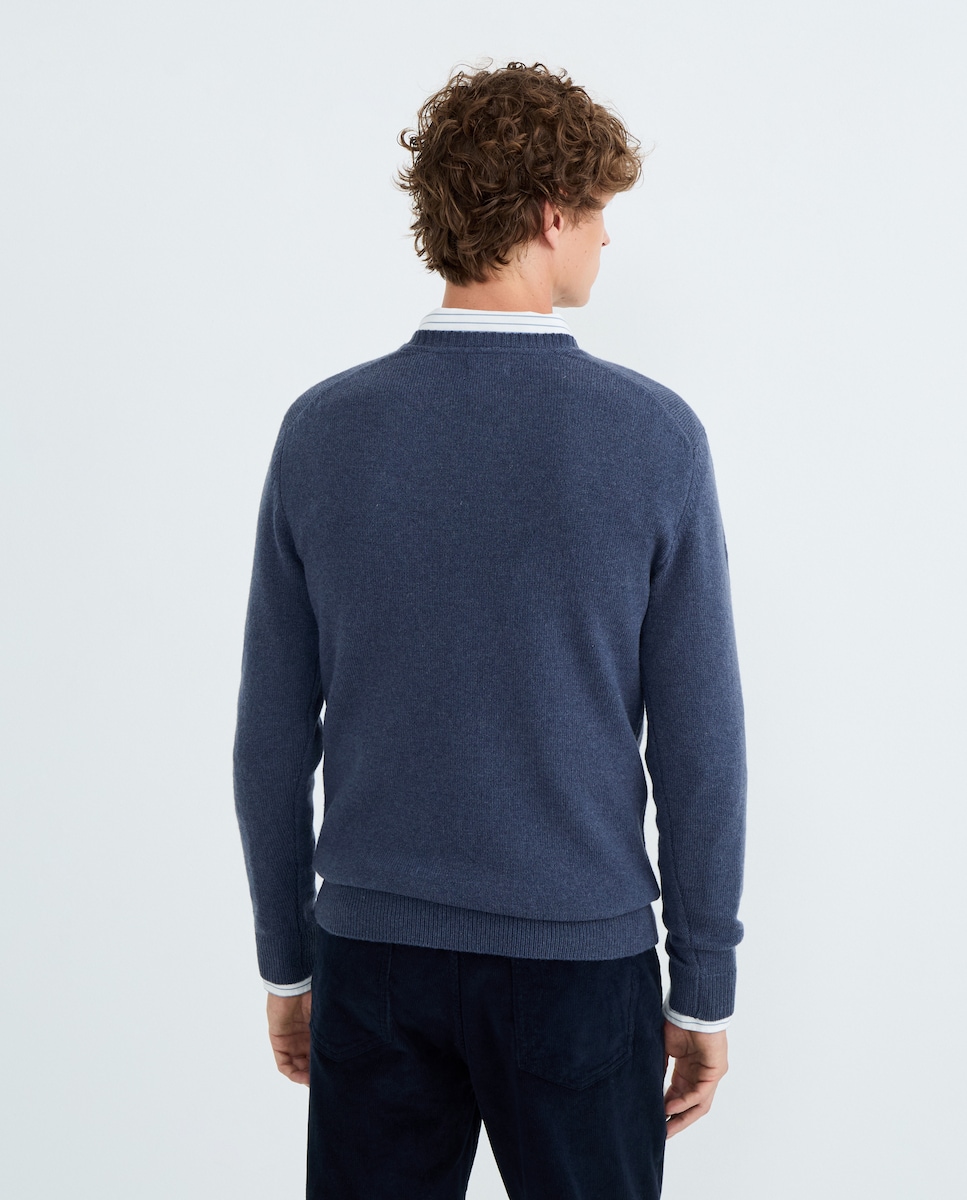 Jersey de hombre cuello pico liso Lambswool Nylon 400 Azul-3