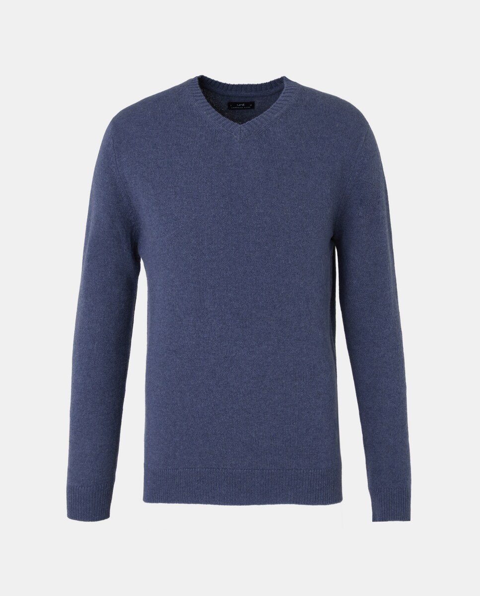 Jersey de hombre cuello pico liso Lambswool Nylon 400 Azul-4