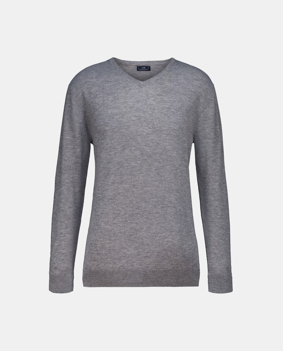 Jersey de hombre cuello pico liso 100% lana merino 820 Gris medio-4