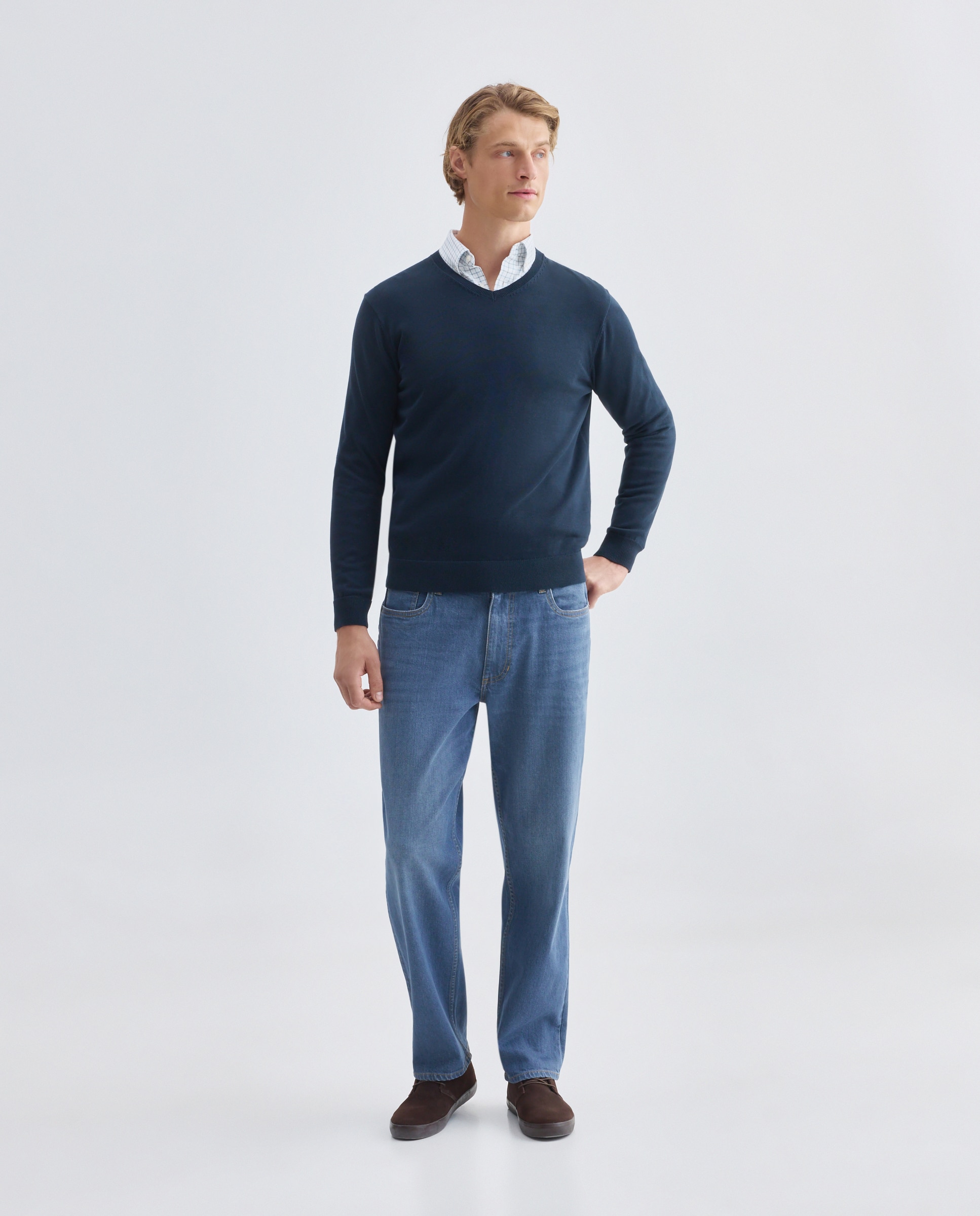 Jersey de hombre cuello pico liso 100% Algodón Azul marino-2