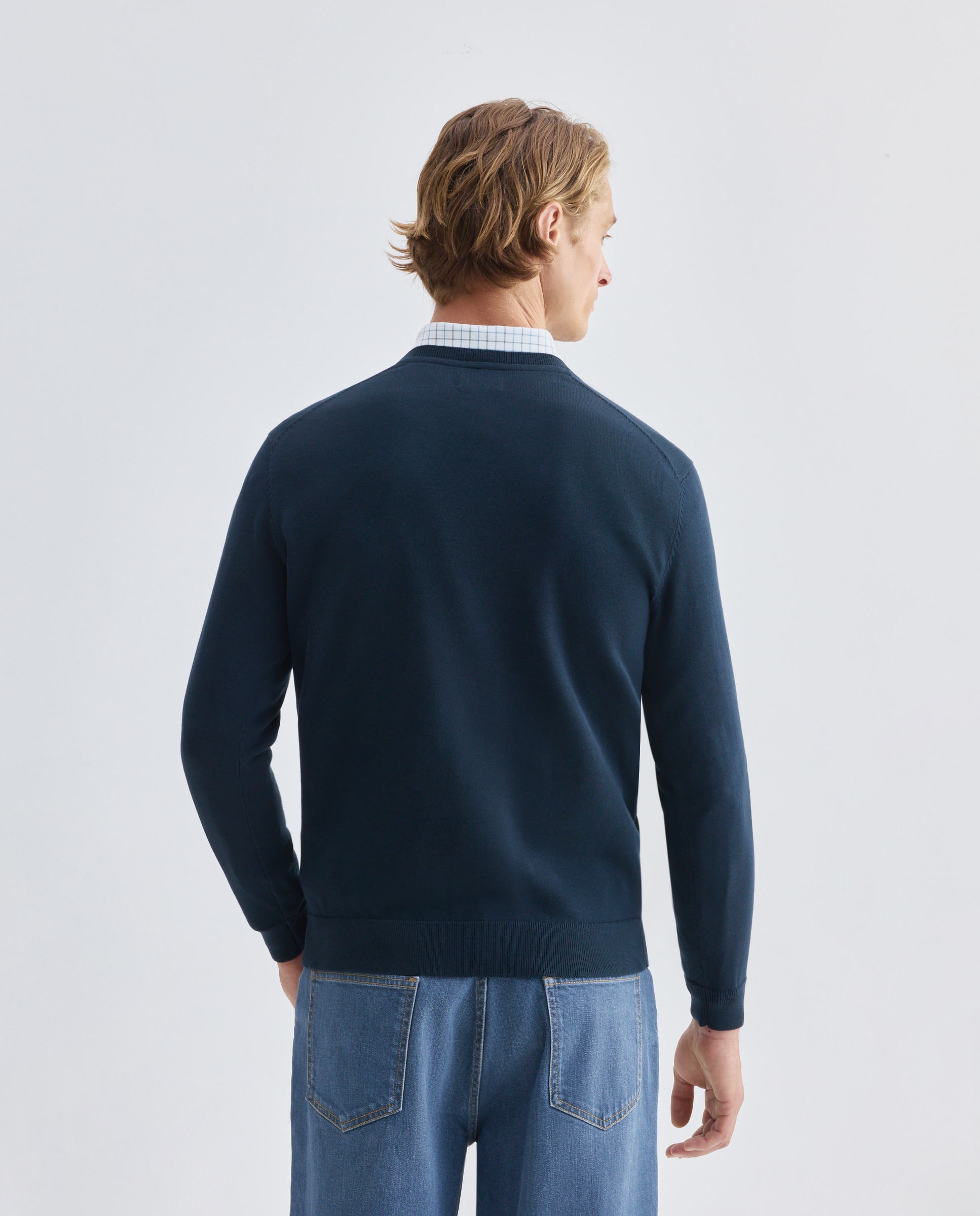 Jersey de hombre cuello pico liso 100% Algodón Azul marino-3