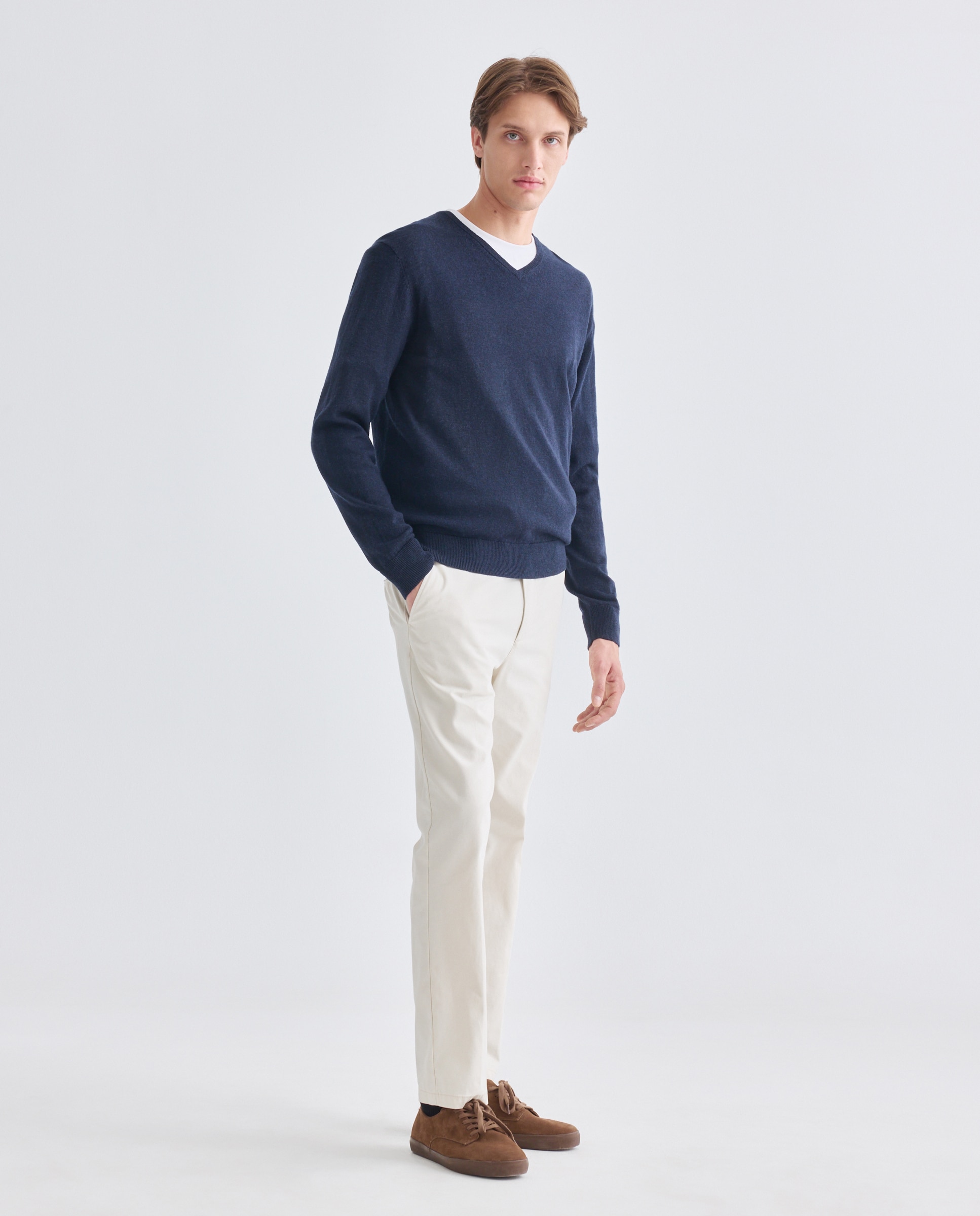 Jersey de hombre cuello pico liso 100% Lana Merino Azul marino-2