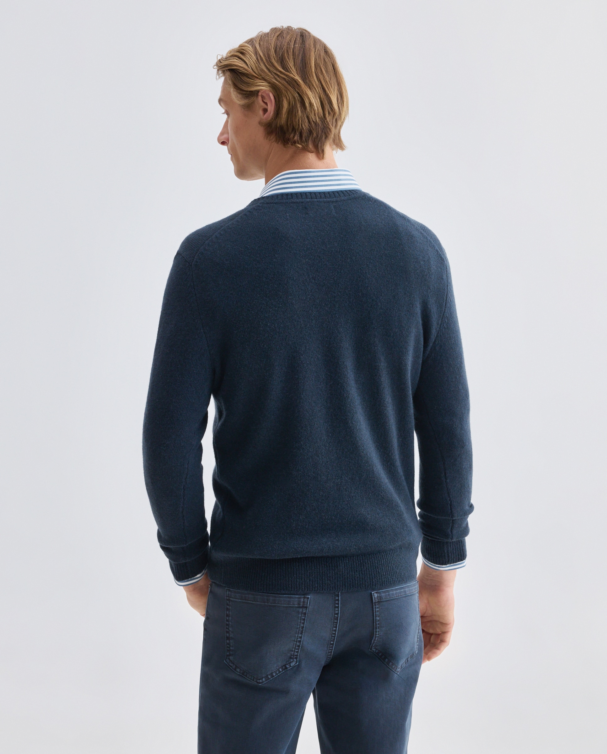 Jersey de hombre cuello pico liso Lambswool Nylon Azul marino-3