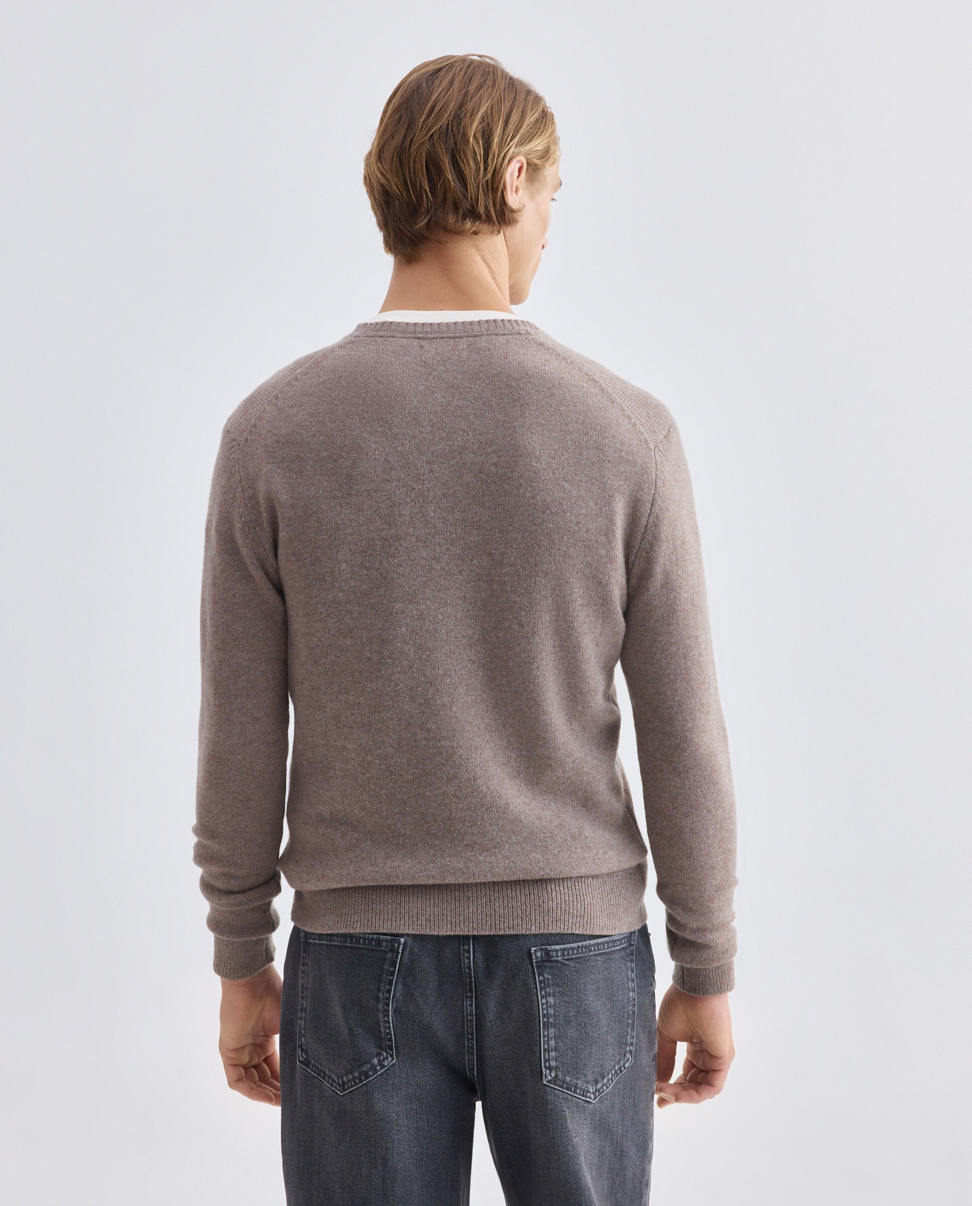 Jersey de hombre cuello pico liso Lambswool Nylon Marrón-3