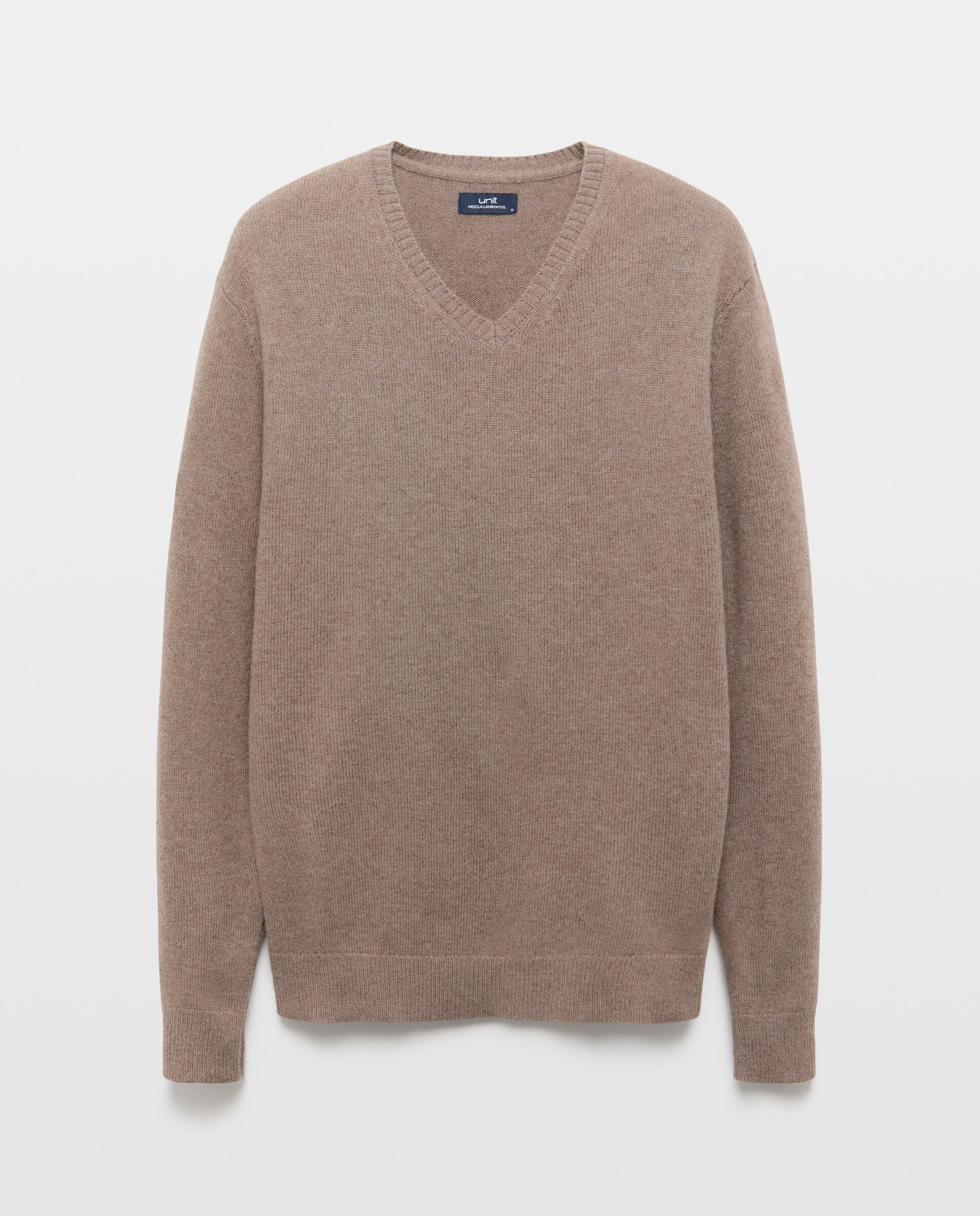 Jersey de hombre cuello pico liso Lambswool Nylon Marrón-4