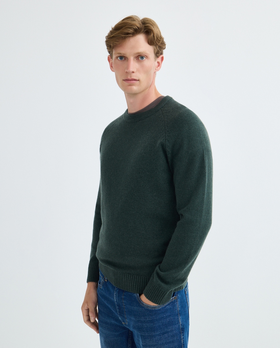 Jersey de hombre cuello caja liso Lambswool Nylon 530 Verde oscuro-1