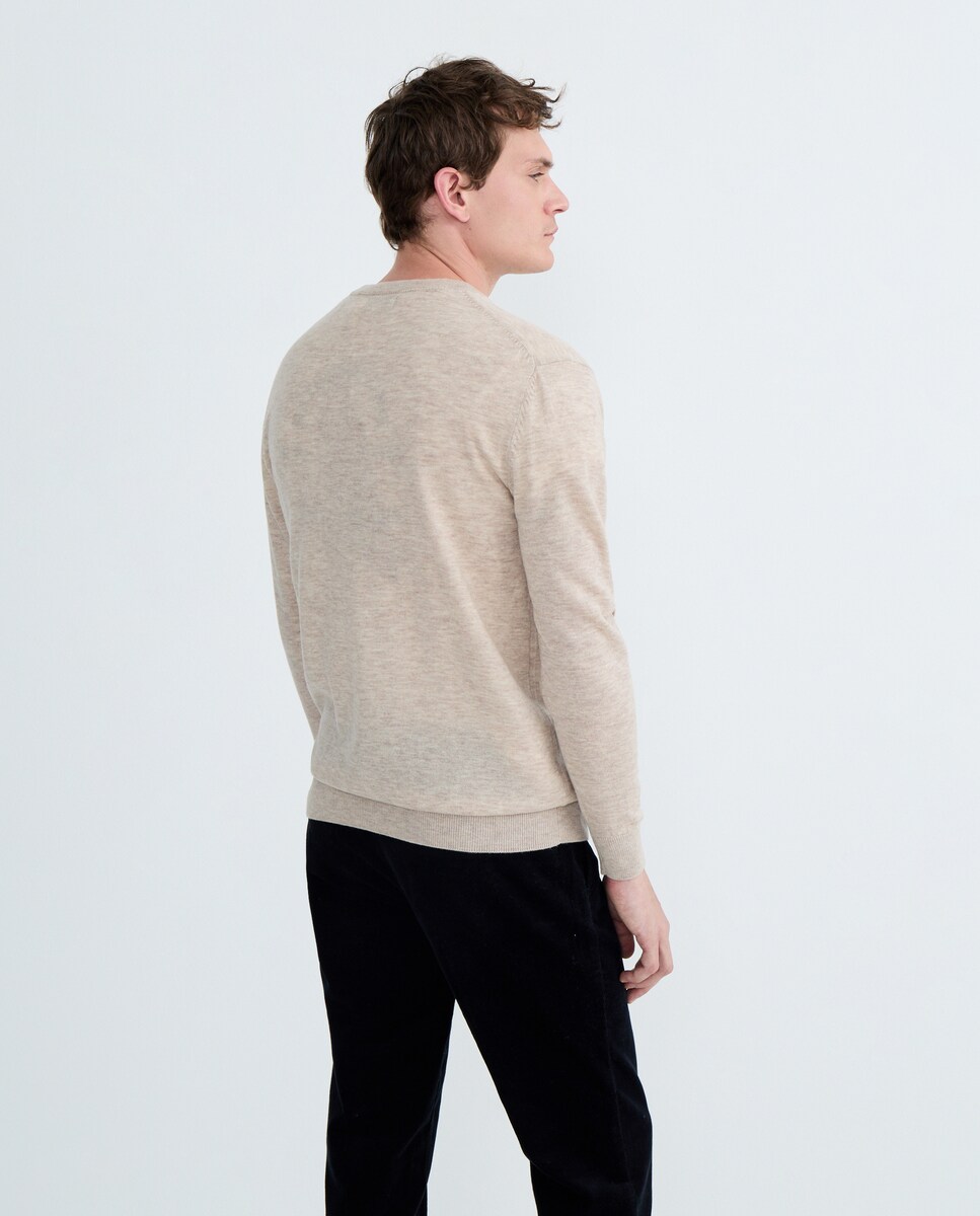 Jersey de hombre cuello caja liso 100% lana merino Beige-3