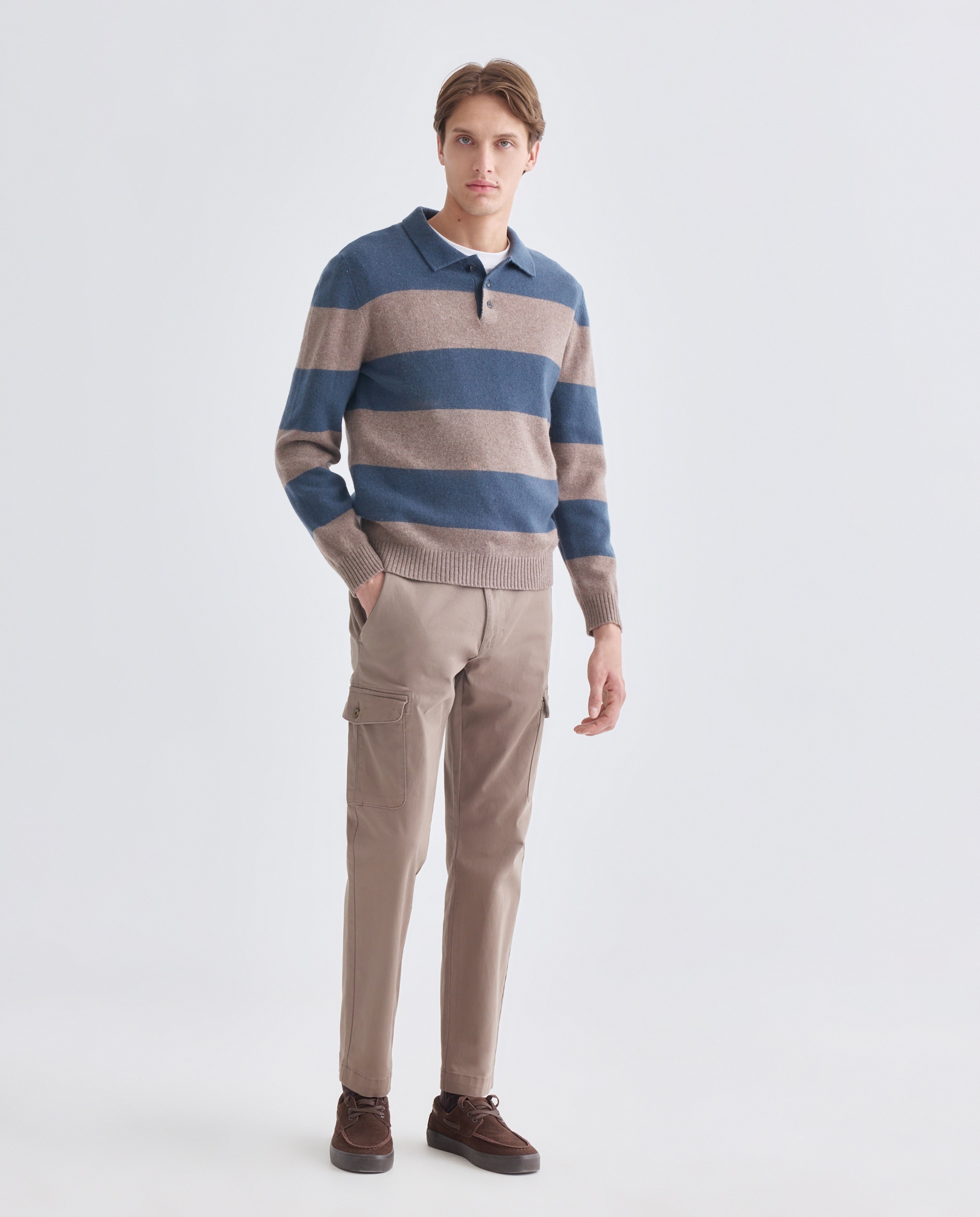 Jersey de hombre cuello polo rayas Lambswool Nylon Marrón-2