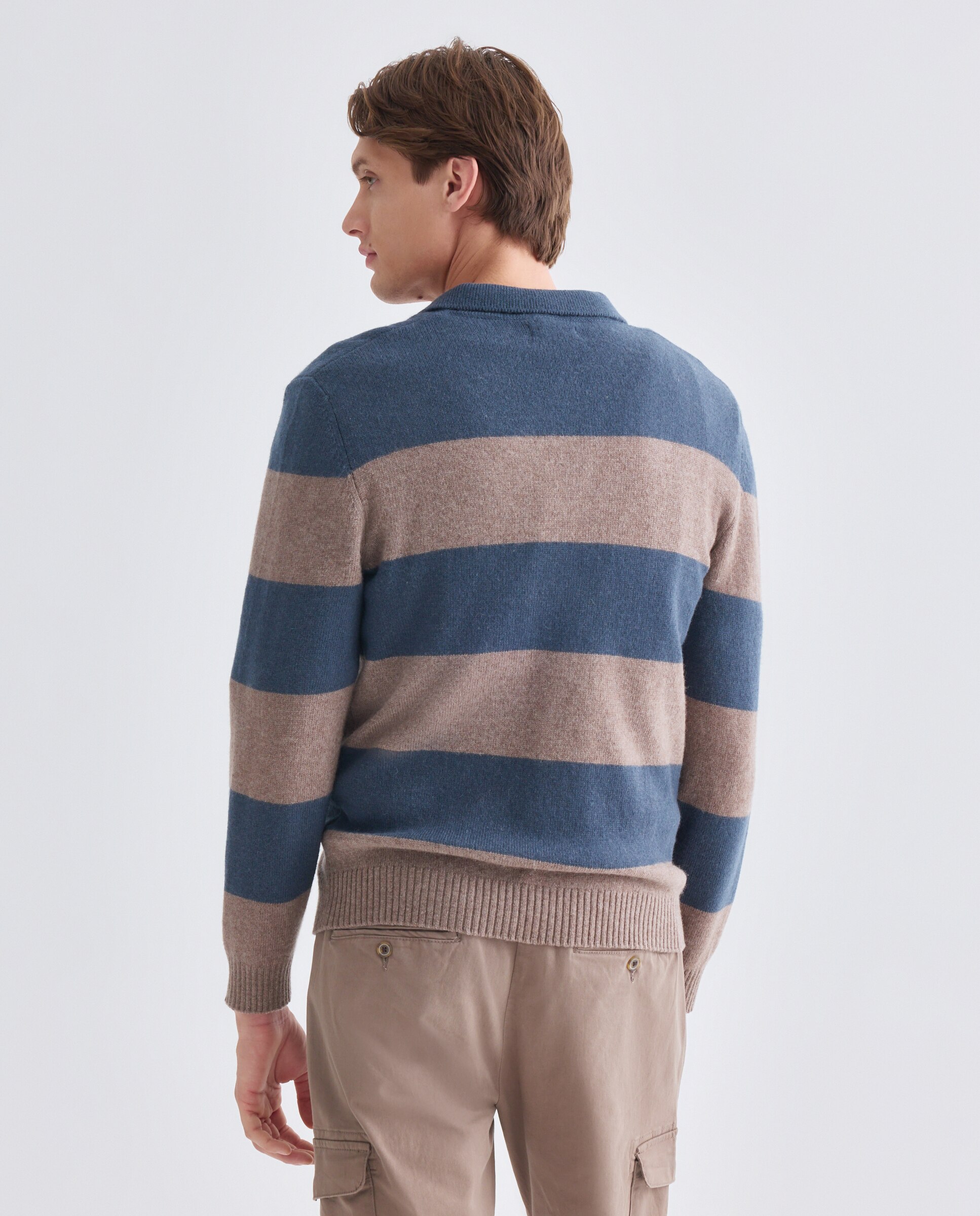 Jersey de hombre cuello polo rayas Lambswool Nylon Marrón-3