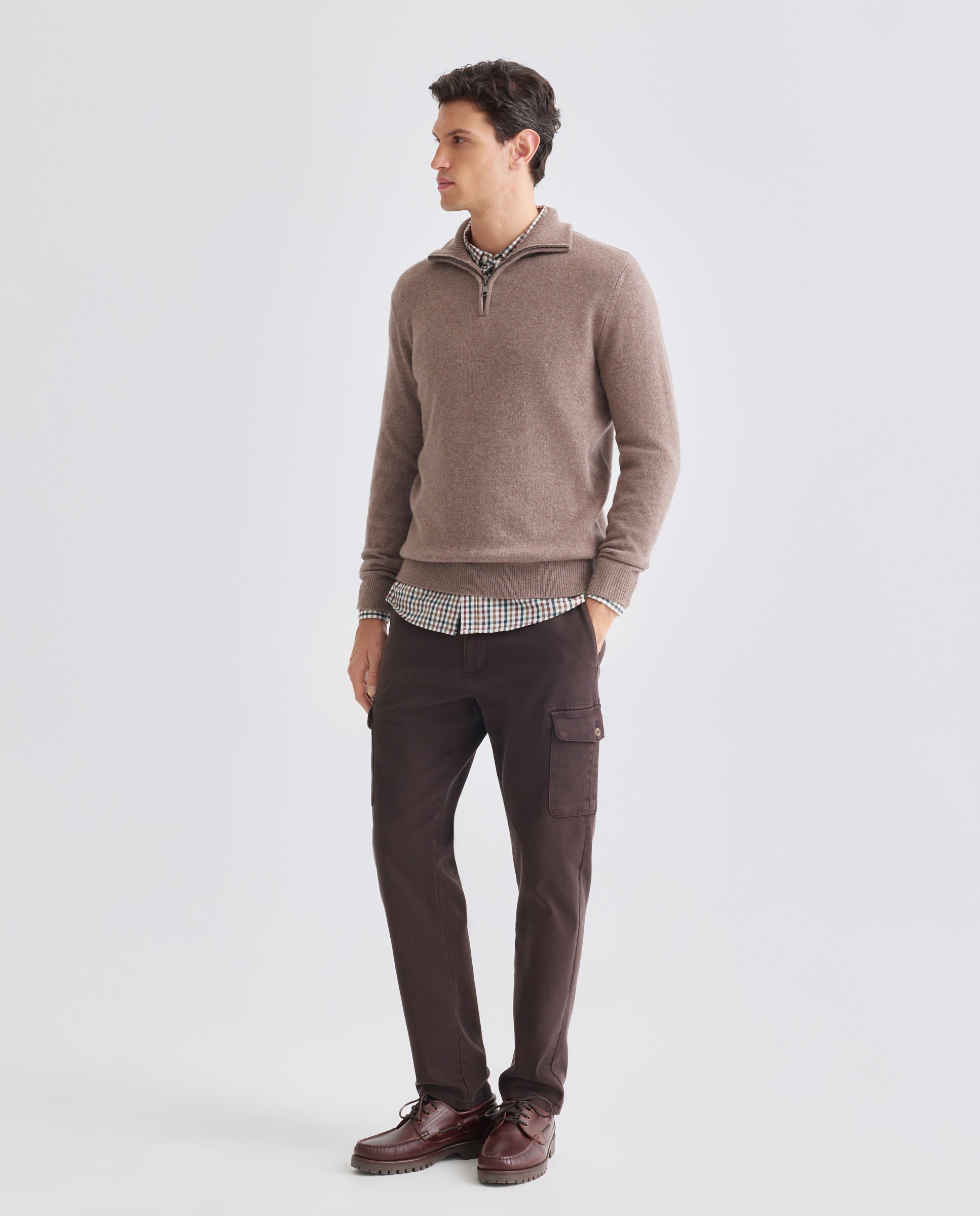 Jersey de hombre media cremallera liso Lambswool Nylon Marrón-2