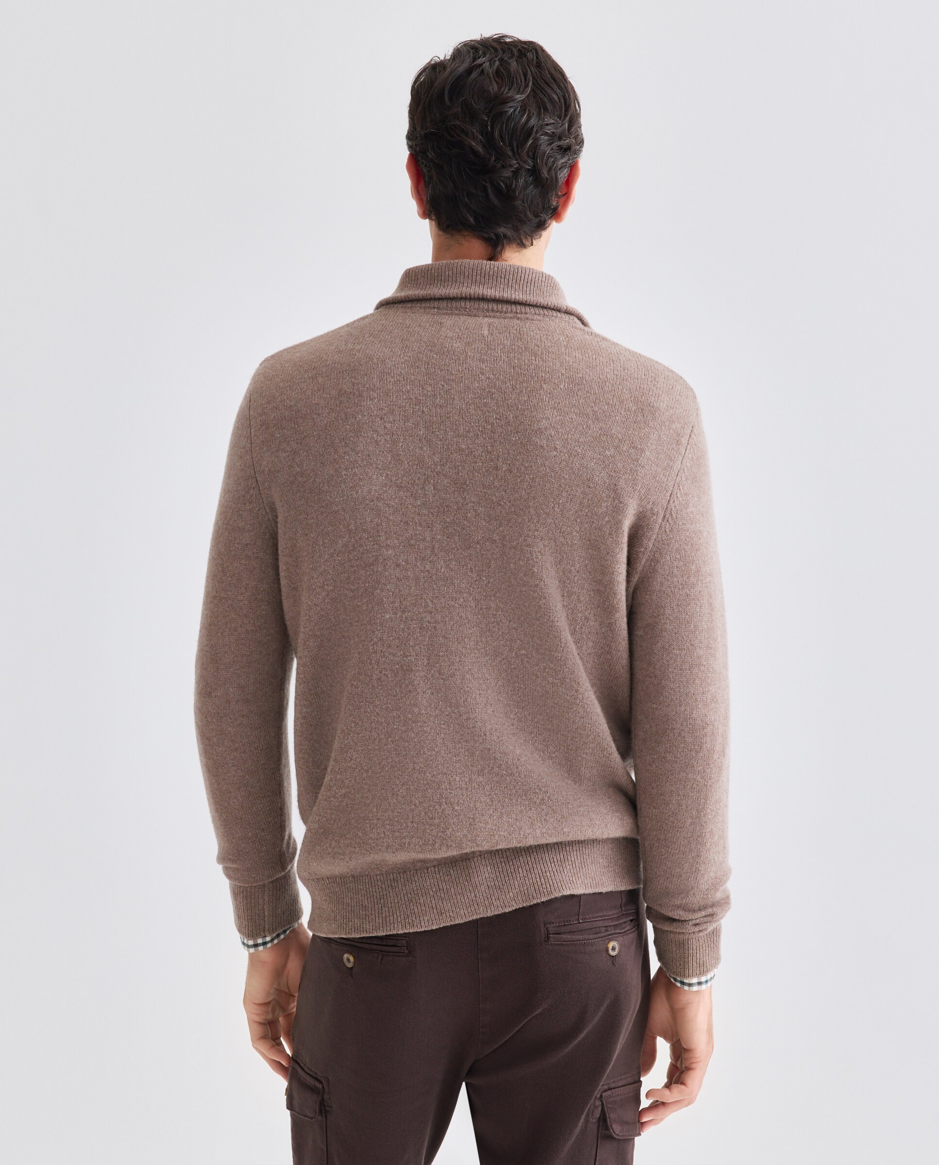 Jersey de hombre media cremallera liso Lambswool Nylon Marrón-3