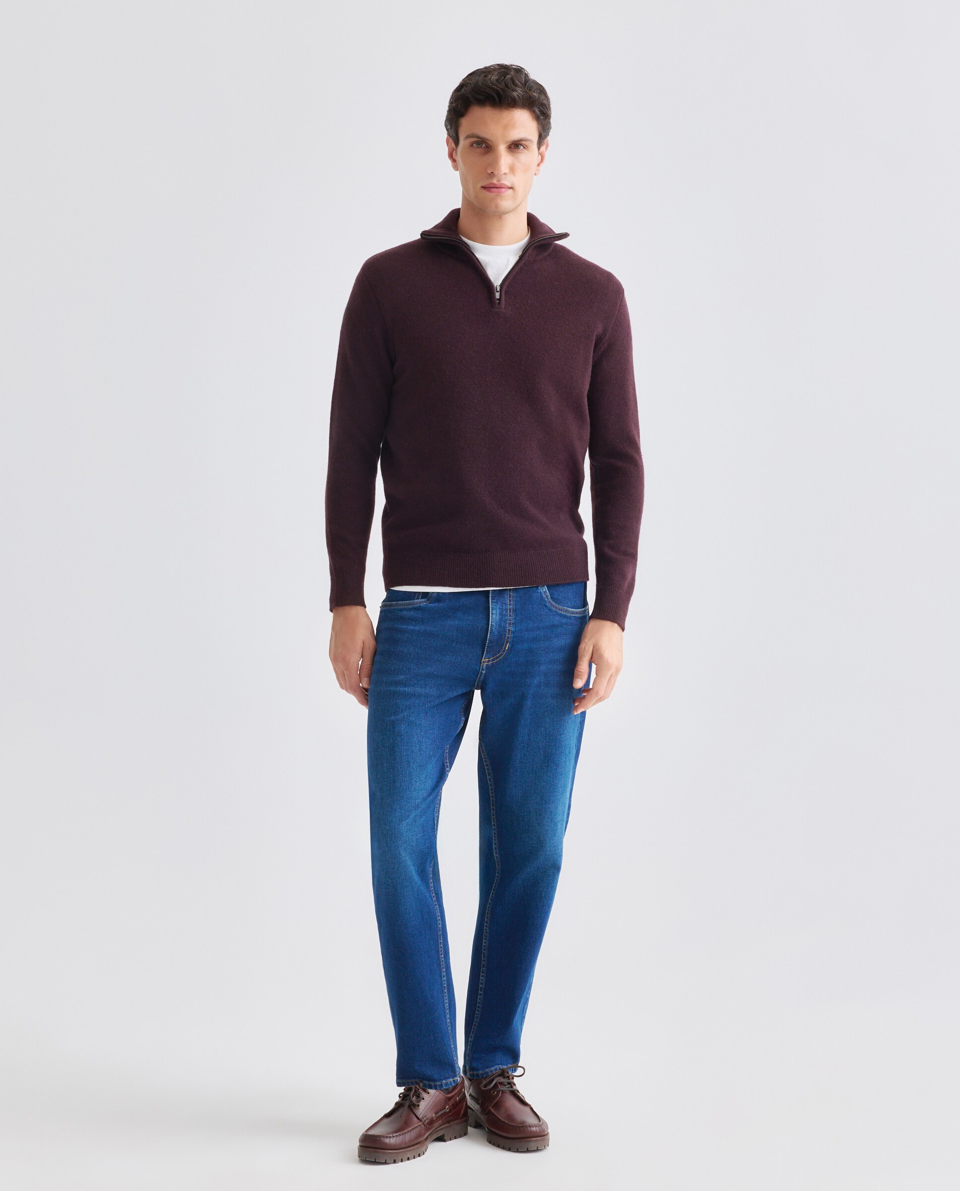 Jersey de hombre media cremallera liso Lambswool Nylon 290 Burdeos-2