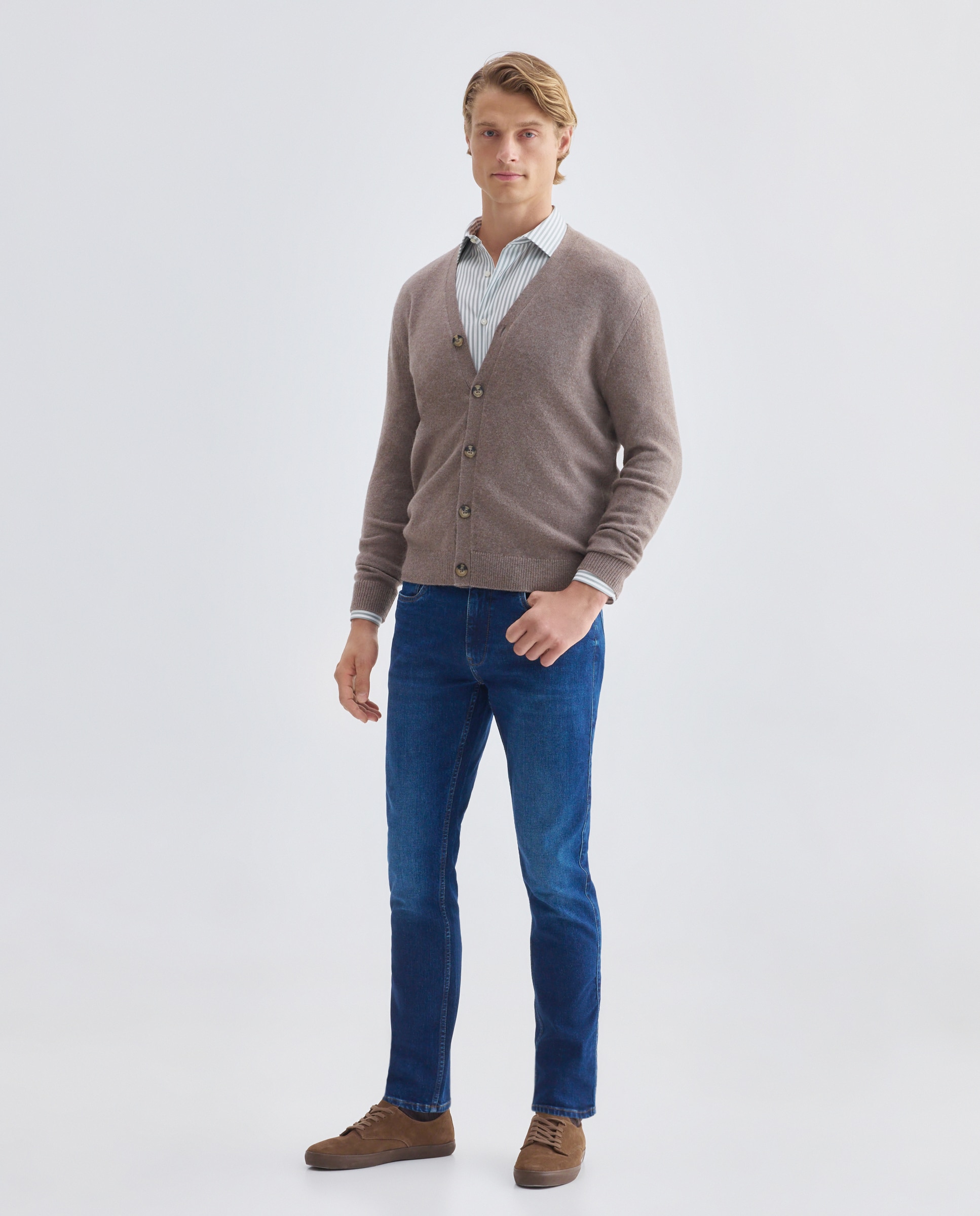 Cardigan de hombre botones liso Lambswool Nylon Marrón-2