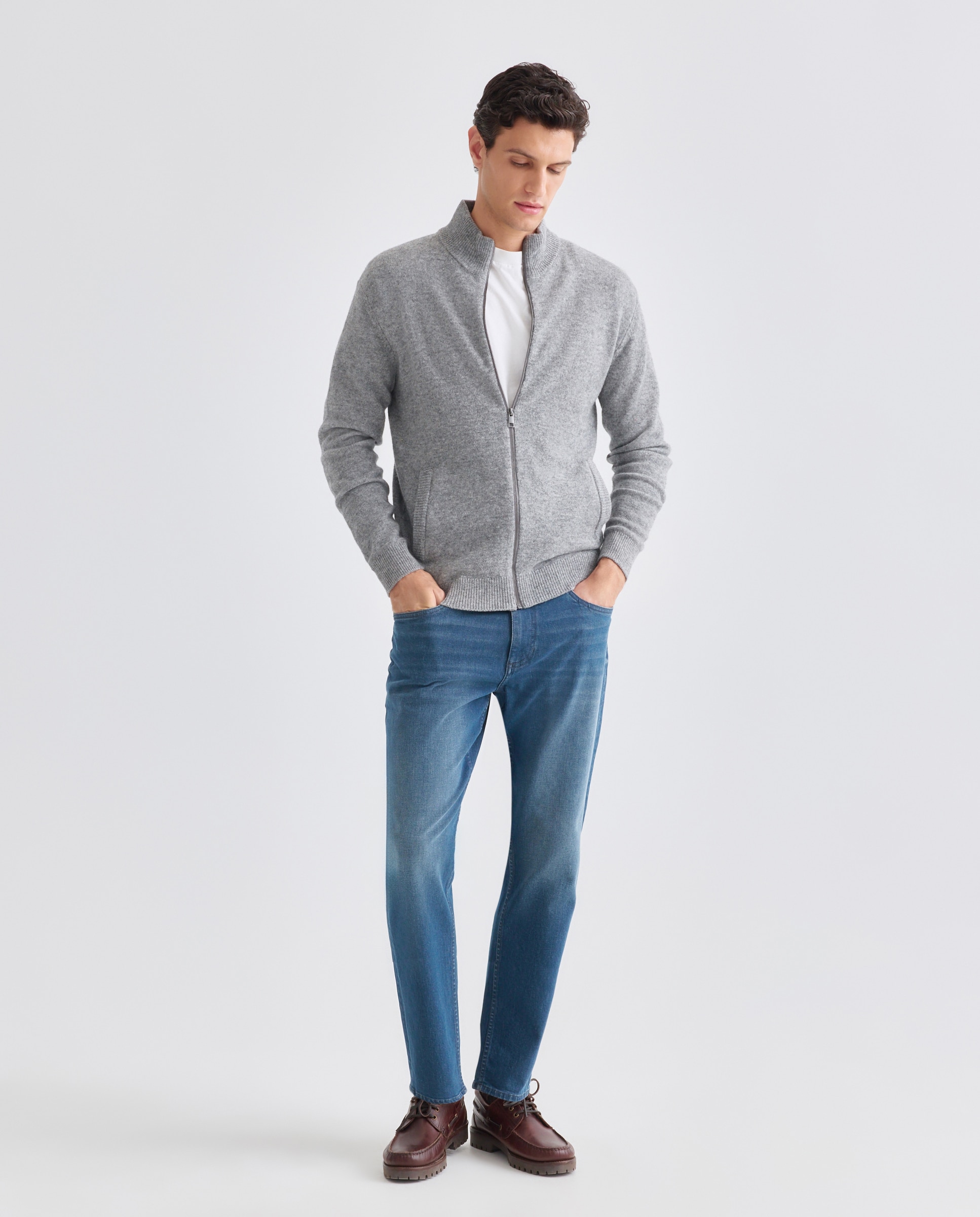 Chaqueta de hombre cremallera lisa Lambswool Nylon Gris claro-2