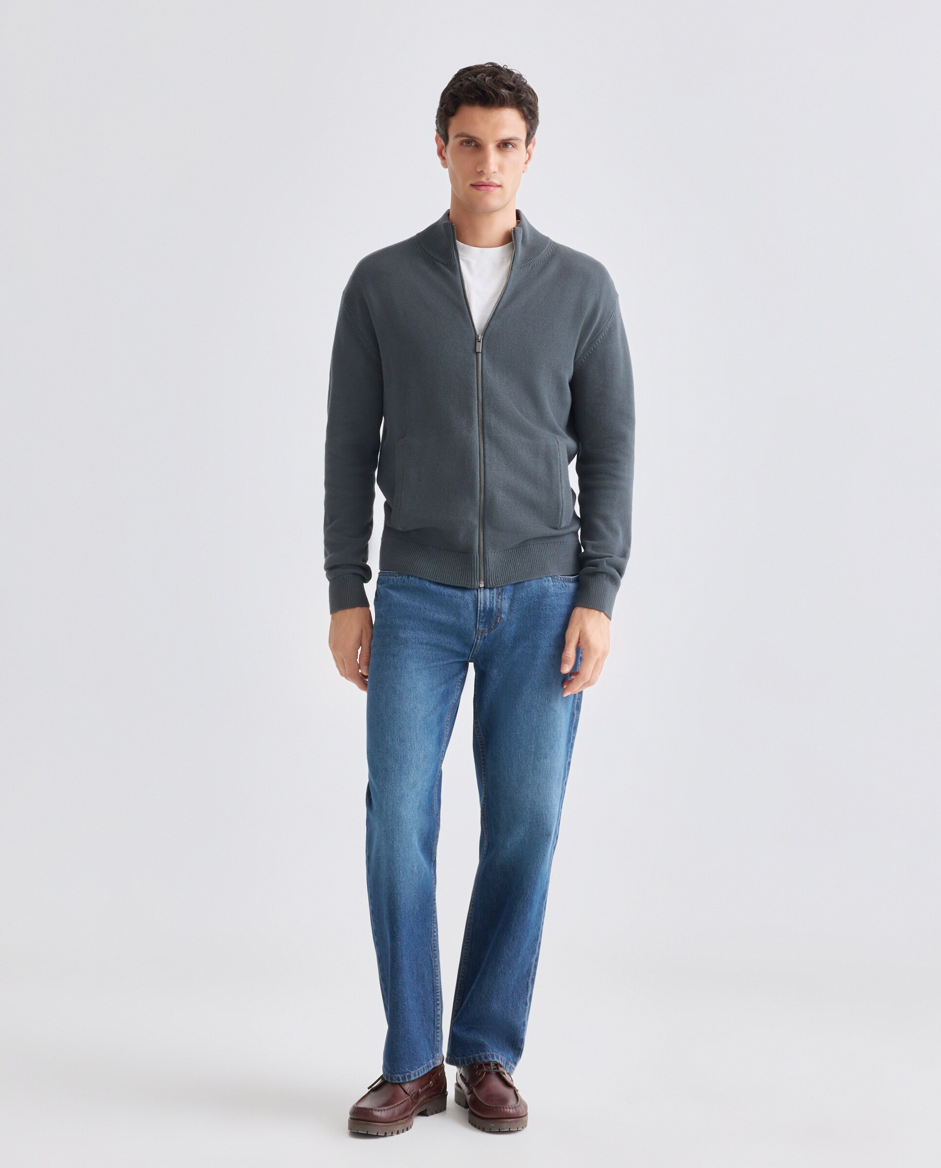 Chaqueta de hombre cremallera lisa bolsillos Cotton Nylon Verde Pato-2