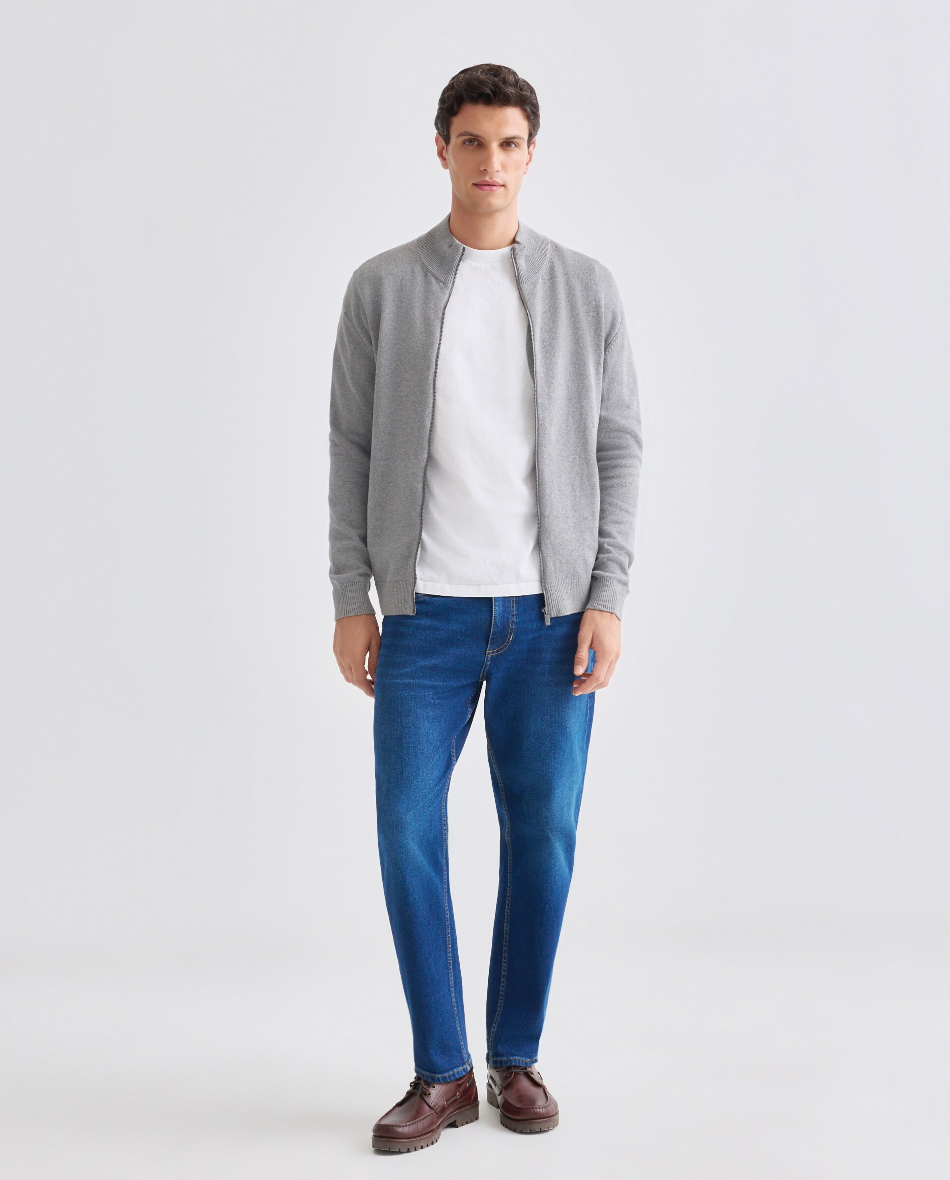 Chaqueta de hombre cremallera lisa bolsillos Cotton Nylon Gris claro-2