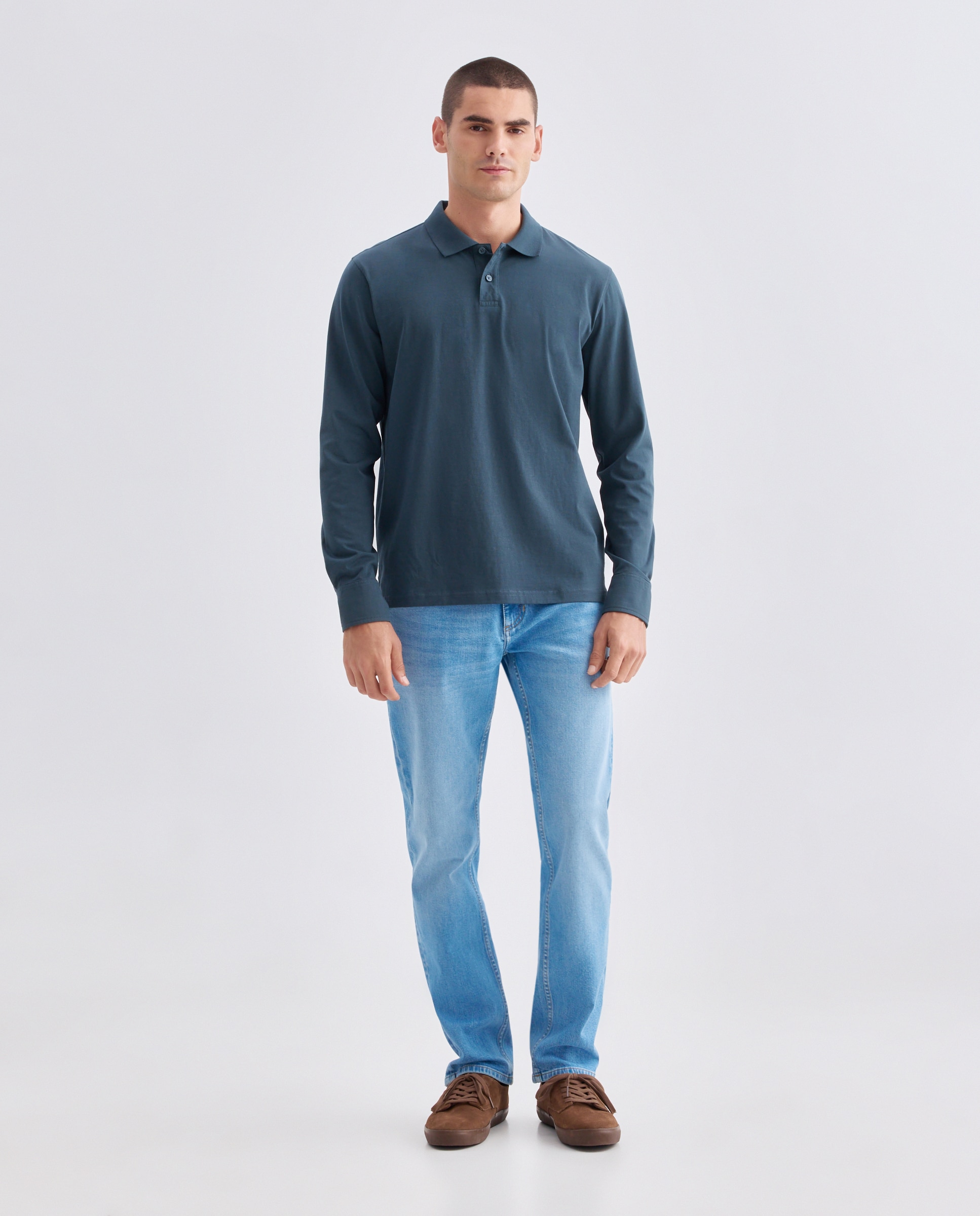Polo de hombre liso lavado puños camiseros 410 Azul claro-2