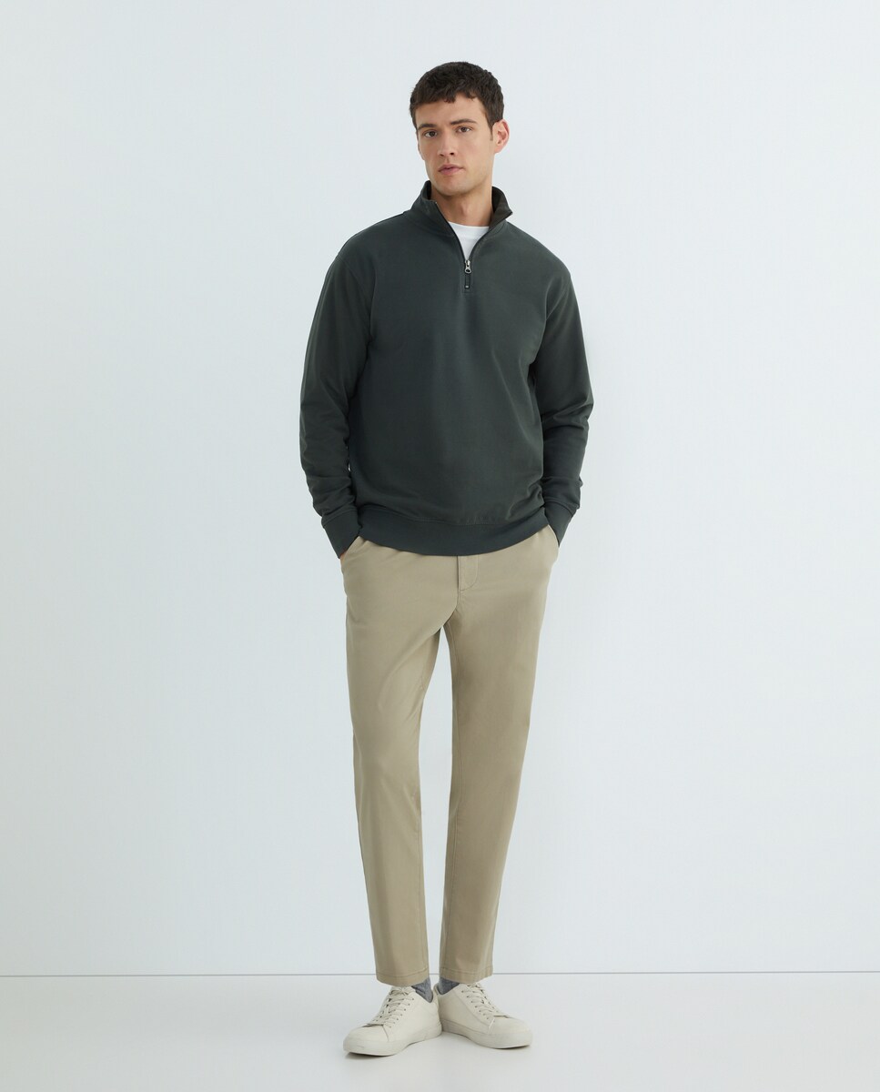 Sudadera de hombre lisa cuello perkins media cremallera 530 Verde oscuro-1