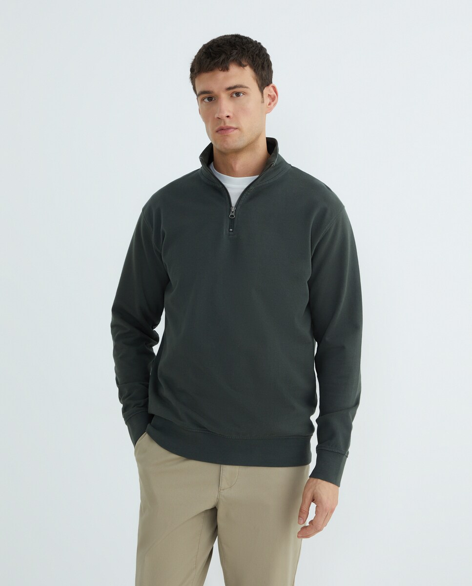Sudadera de hombre lisa cuello perkins media cremallera 530 Verde oscuro-2