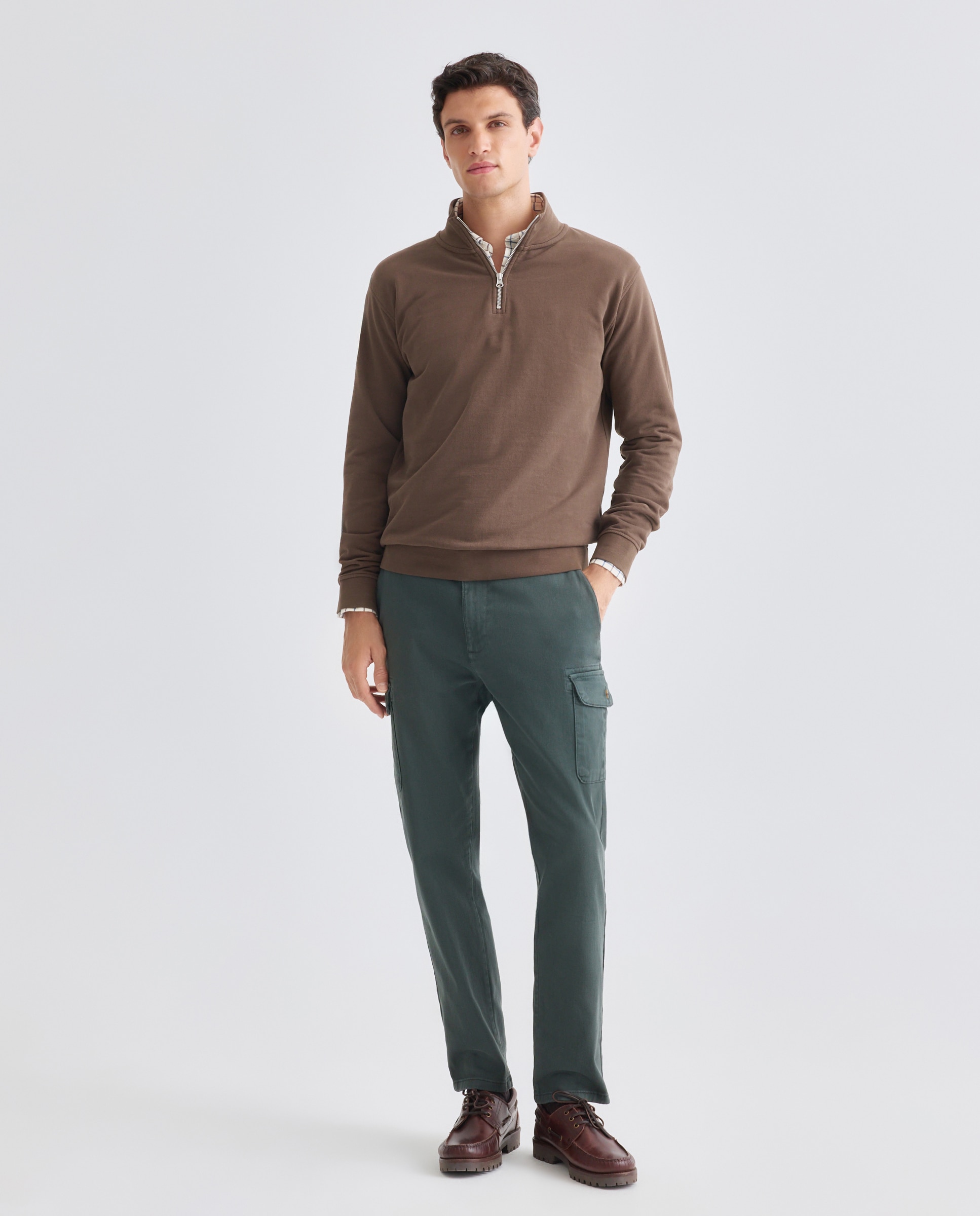 Sudadera de hombre lisa cuello perkins media cremallera Marrón-2