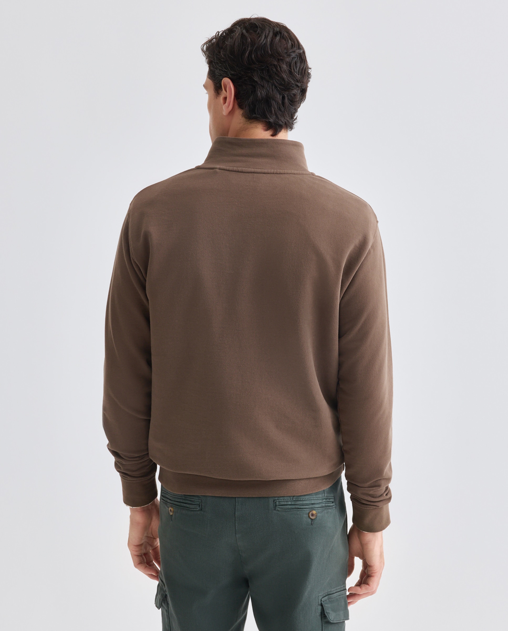 Sudadera de hombre lisa cuello perkins media cremallera Marrón-3