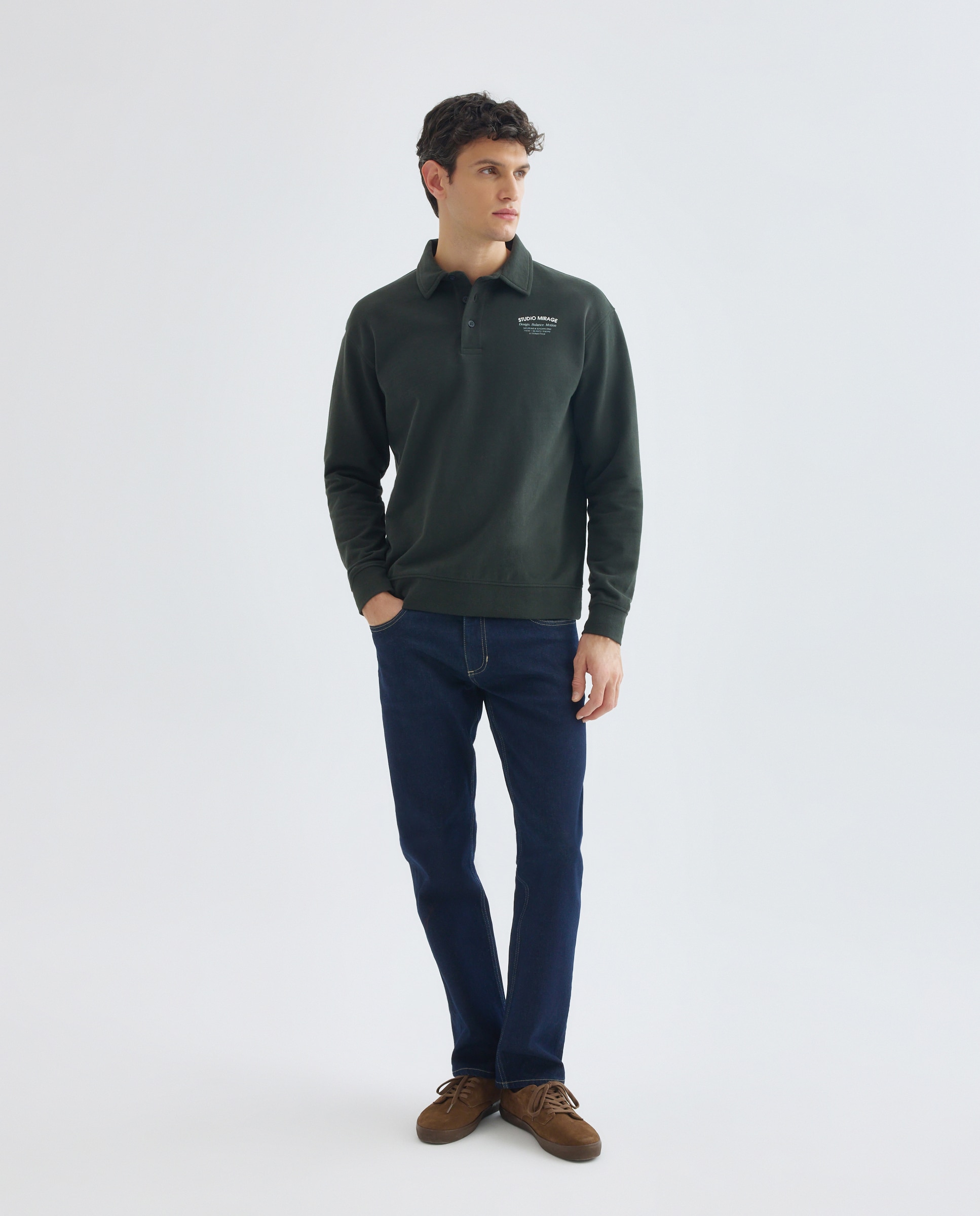Sudadera de hombre rugby cuello polo lisa STUDIO MIRAGE 530 Verde oscuro-2