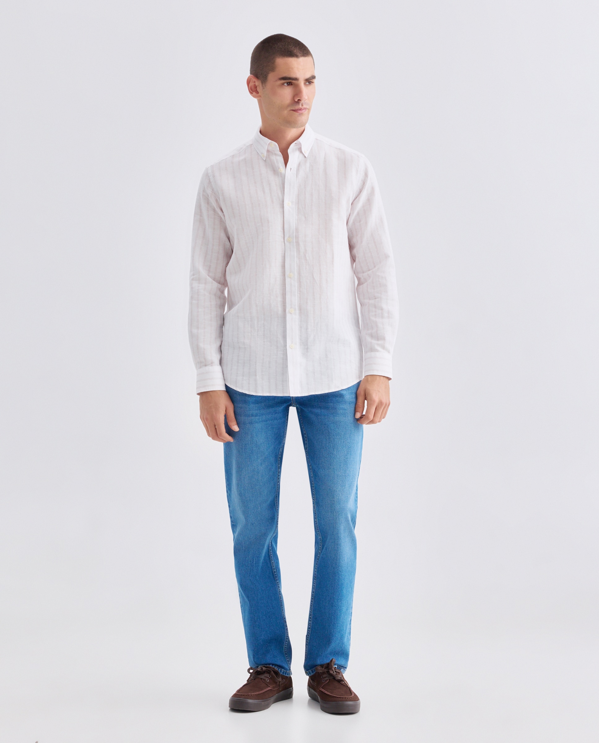 Camisa sport hombre lino y algodón rayas 520 Kaki-2