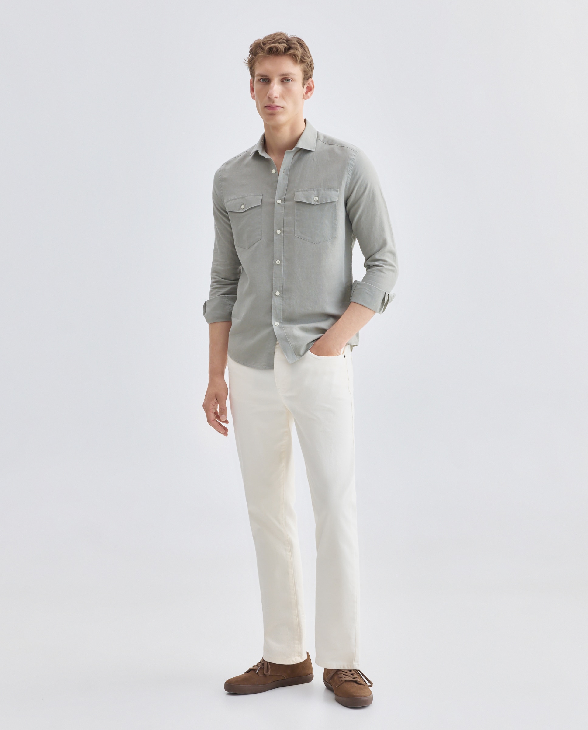 Camisa sport hombre lino y algodón bolsillos 510 Verde claro-2