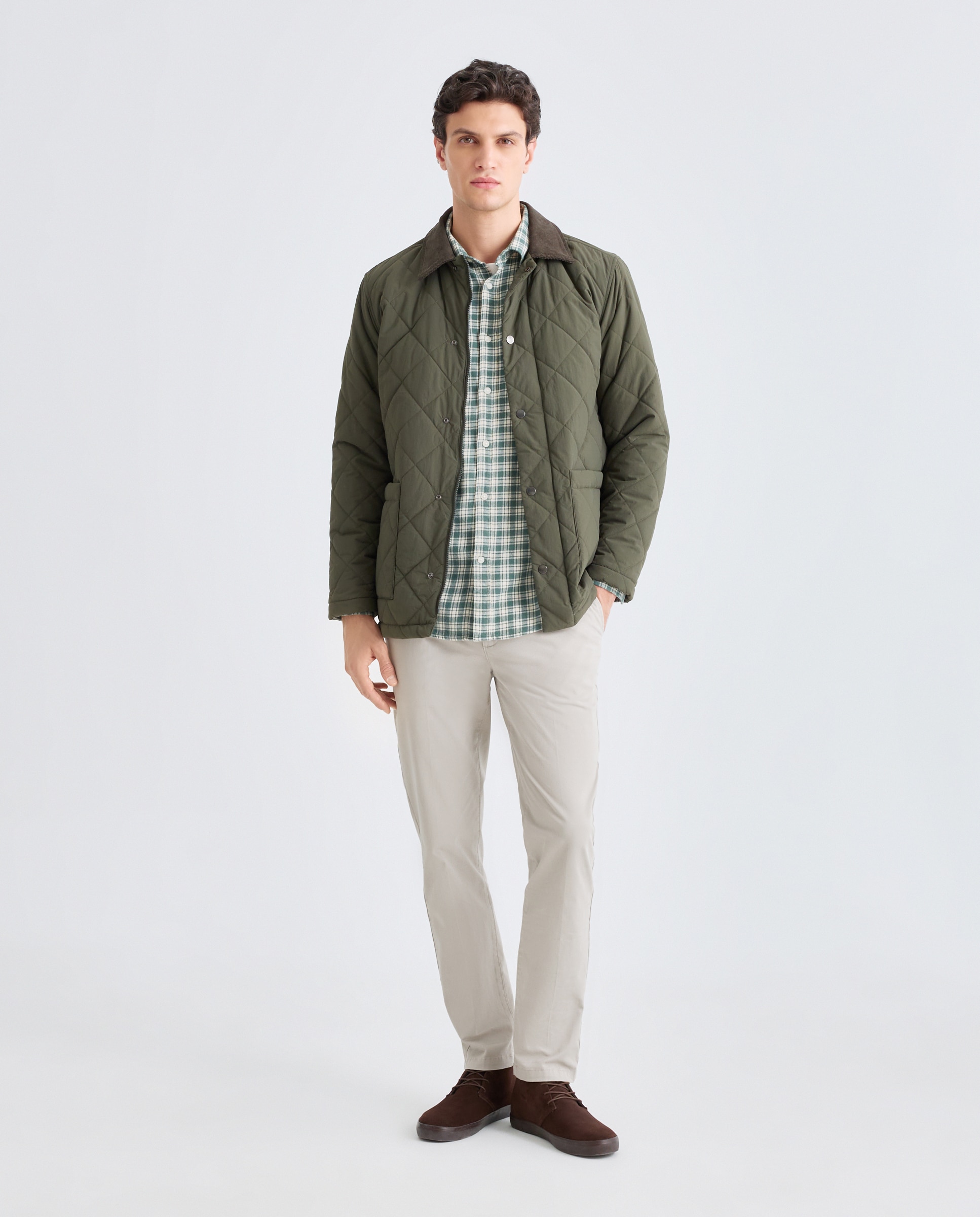Chaqueta hombre acolchado rombos reciclado con cuello pana 530 Verde oscuro-3