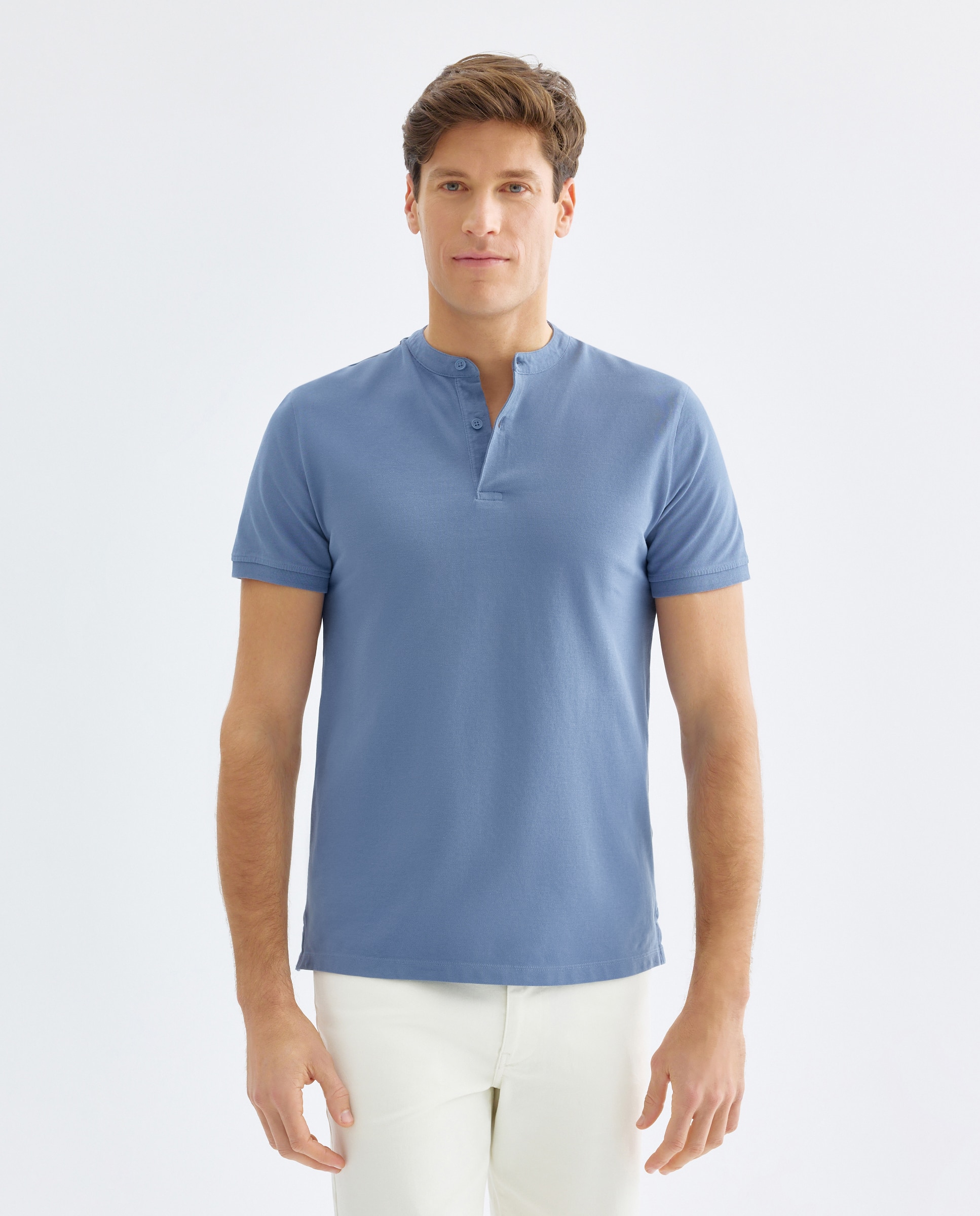 Polo de hombre manga corta cuello mao pique lavado 400 Azul-1