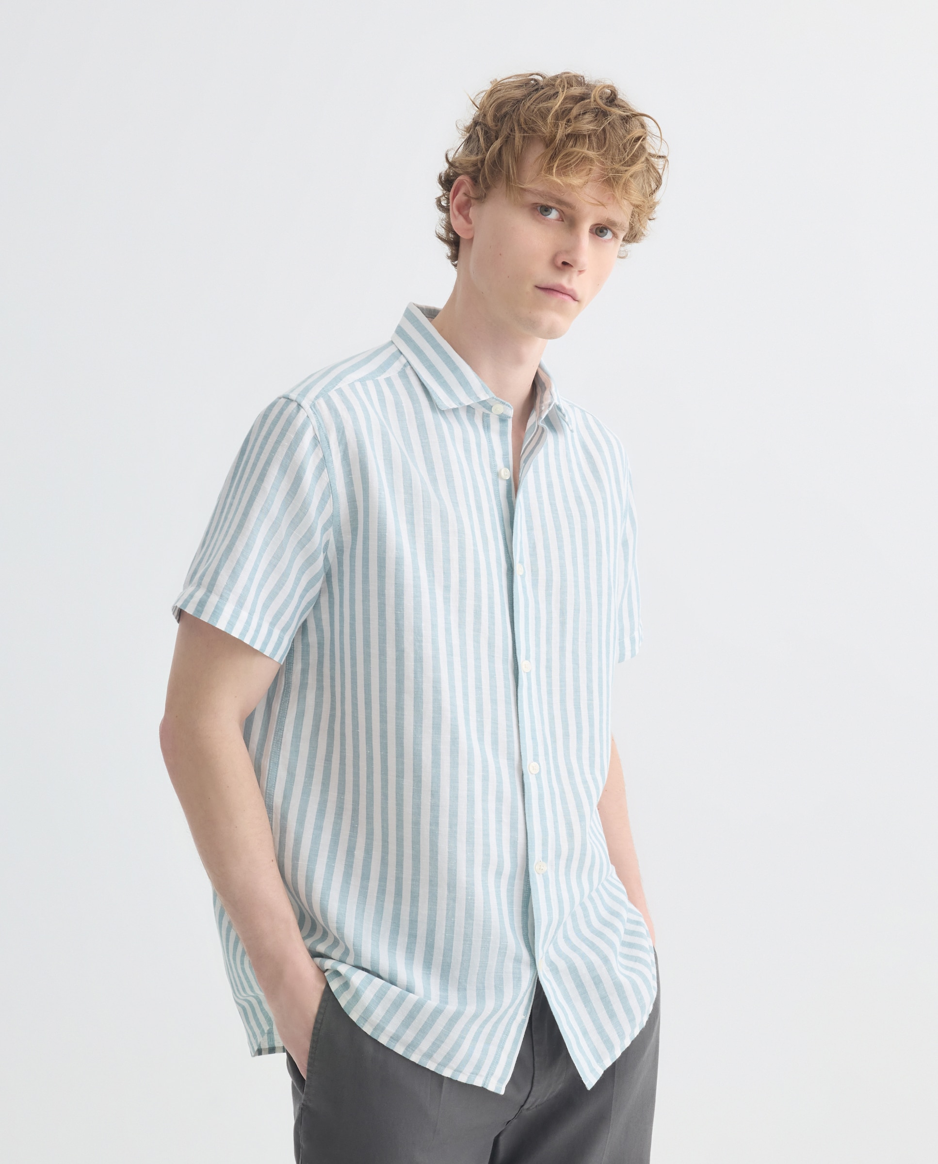 Camisa sport manga corta hombre con lino rayas 450 Turquesa-1
