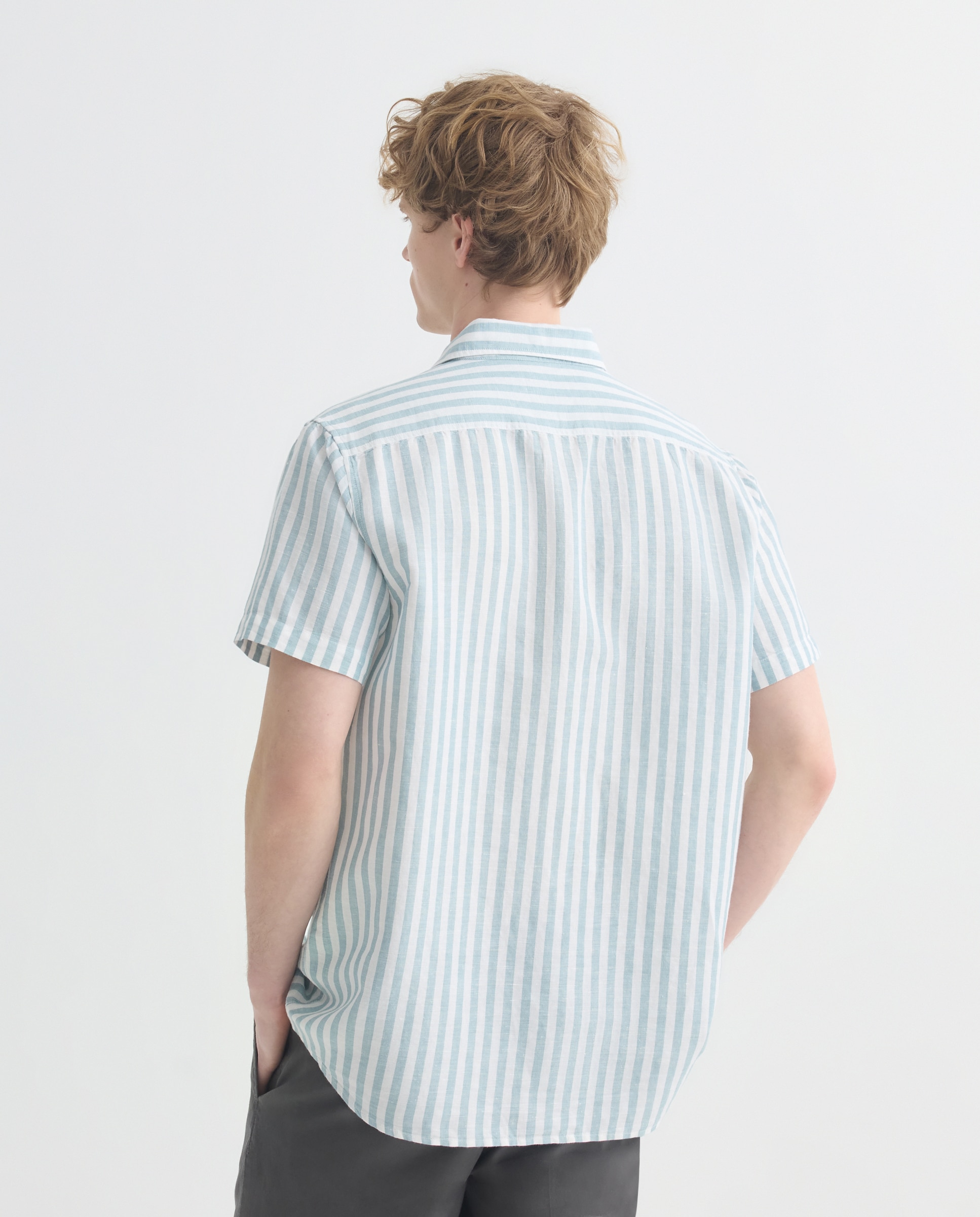 Camisa sport manga corta hombre con lino rayas 450 Turquesa-3