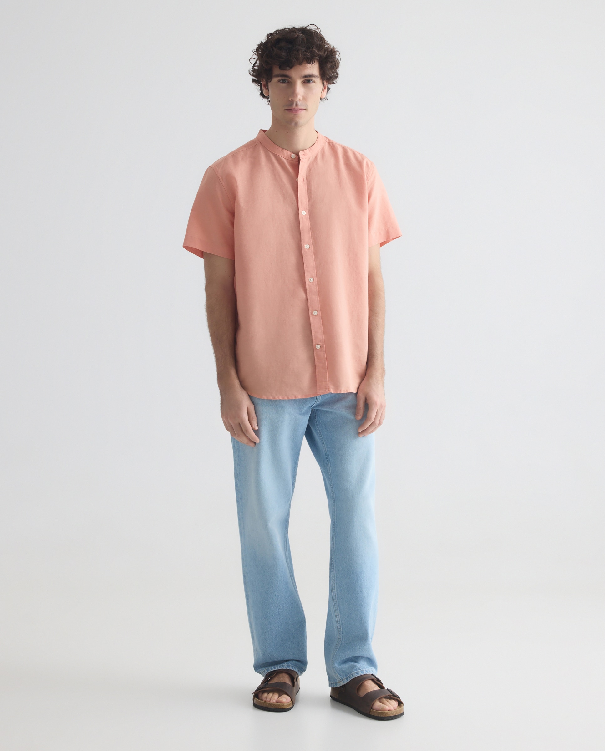Camisa sport manga corta hombre con lino cuello mao 660 Naranja-2