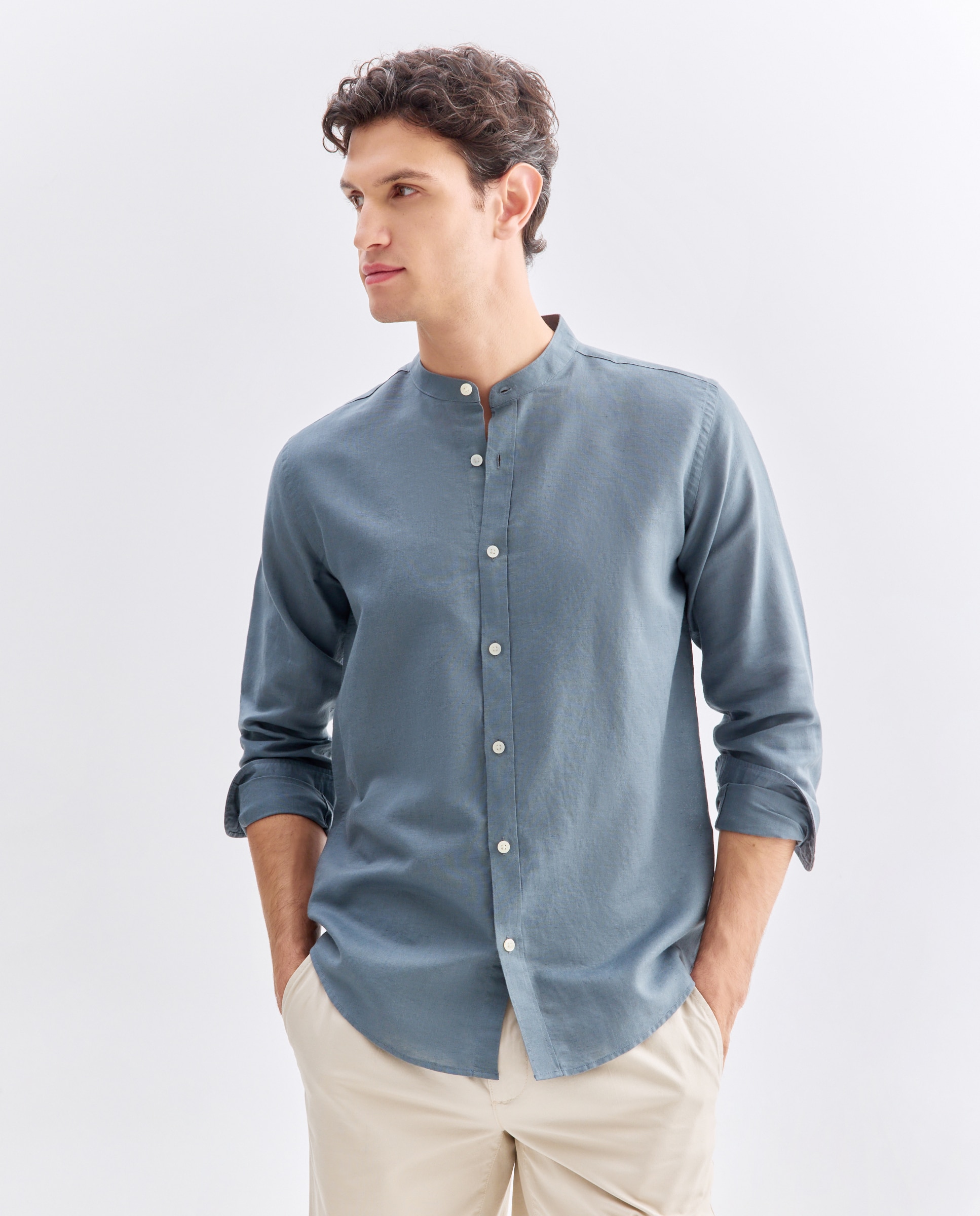 Camisa sport hombre lino y algodón lisa cuello mao 400 Azul-1