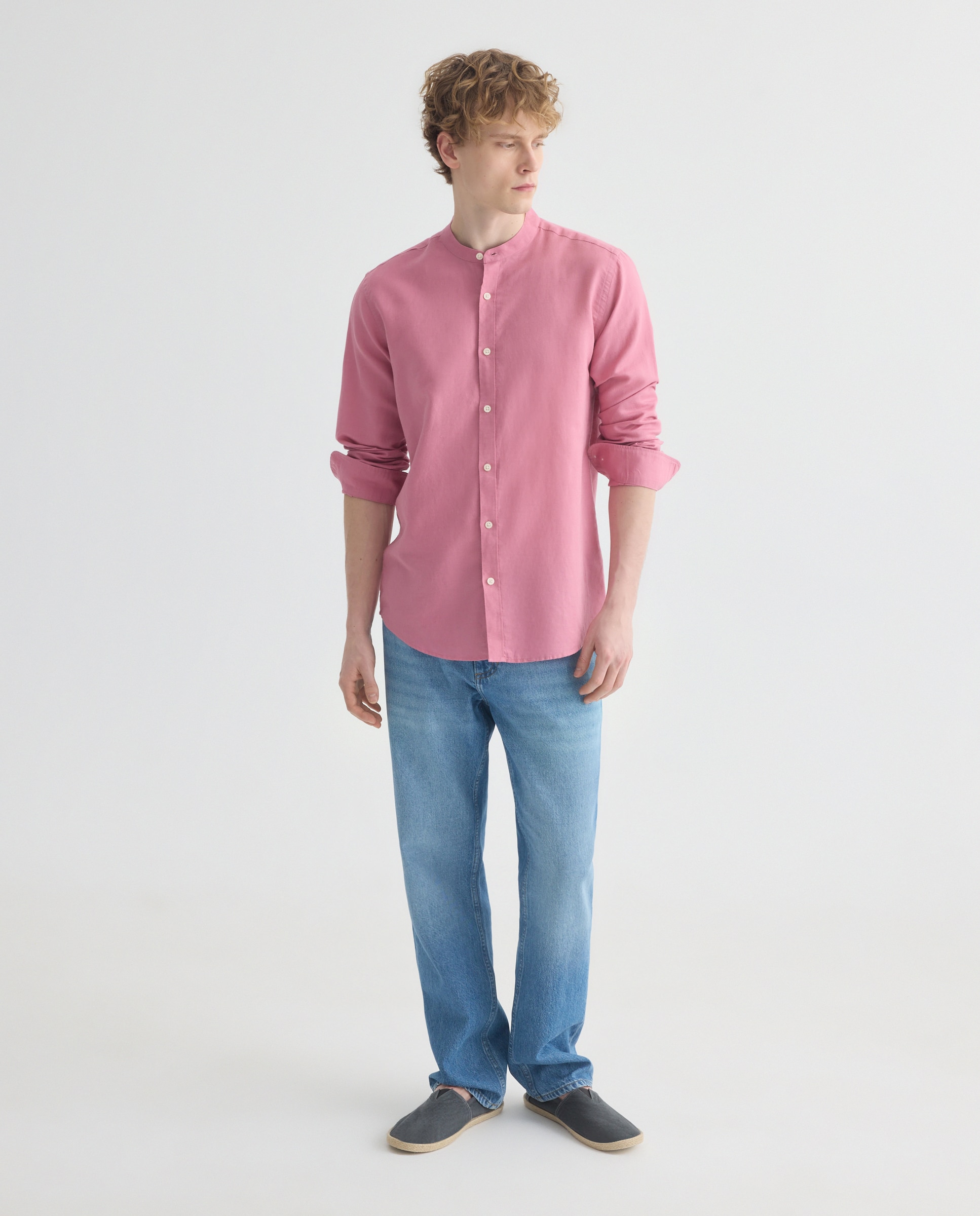 Camisa sport hombre lino y algodón lisa cuello mao 220 Rosa palo-2