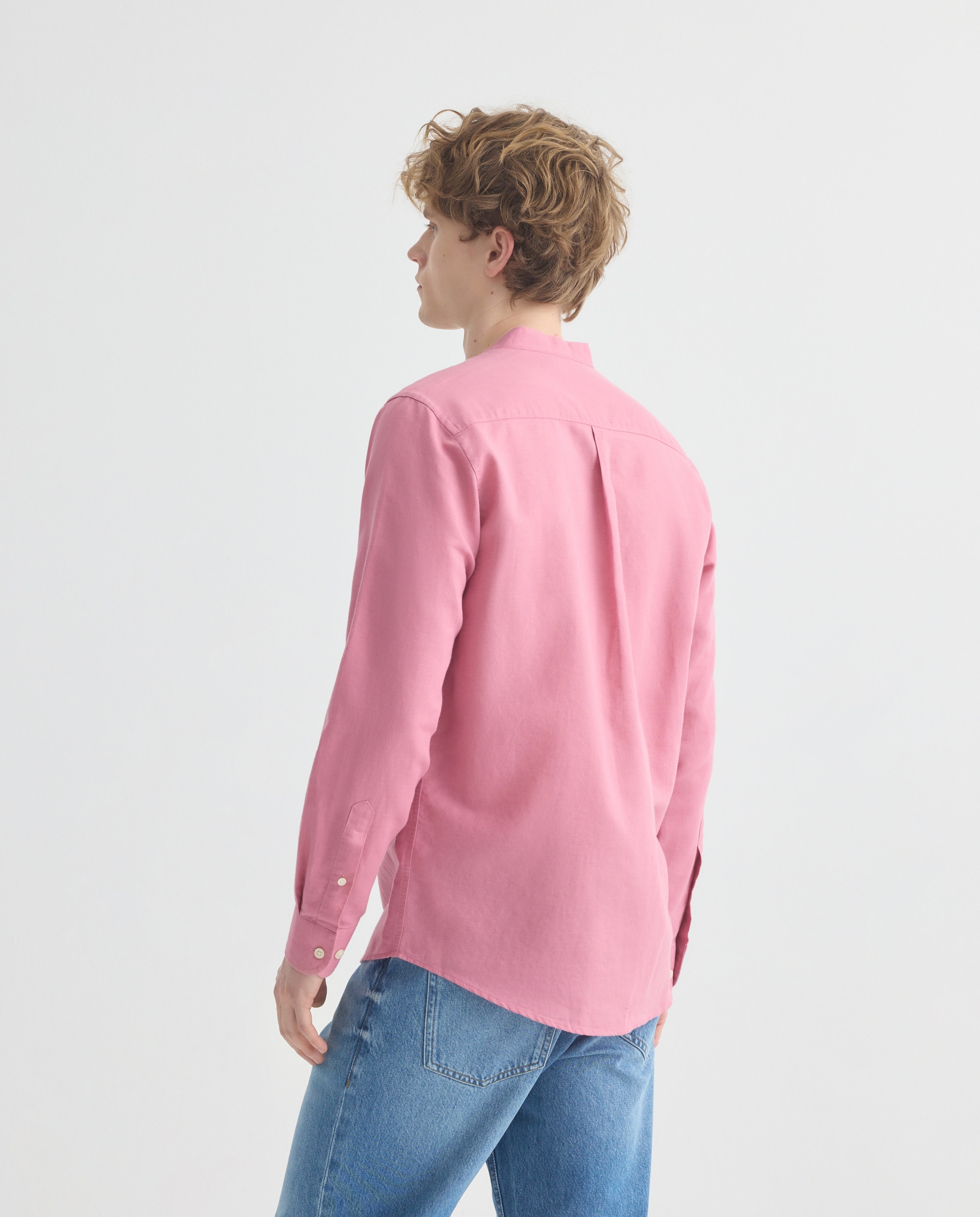 Camisa sport hombre lino y algodón lisa cuello mao 220 Rosa palo-3