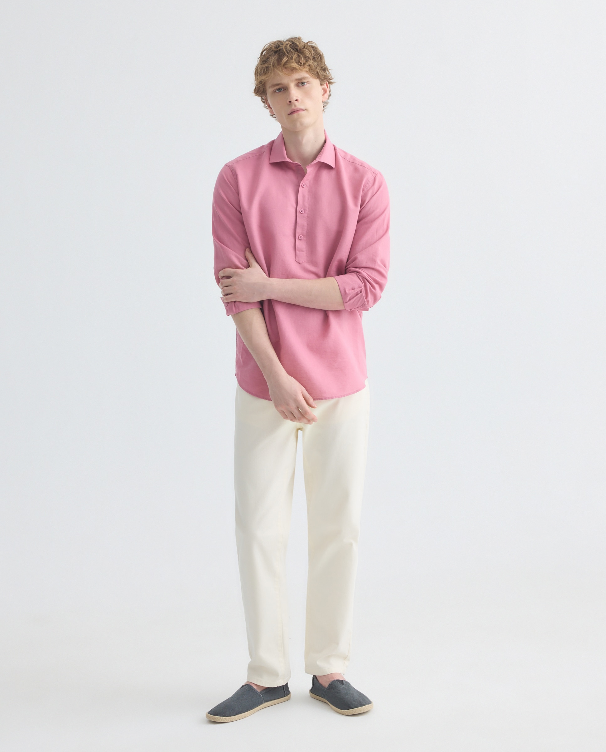 Camisa polera sport hombre lino y algodón lisa 200 Rosa-1