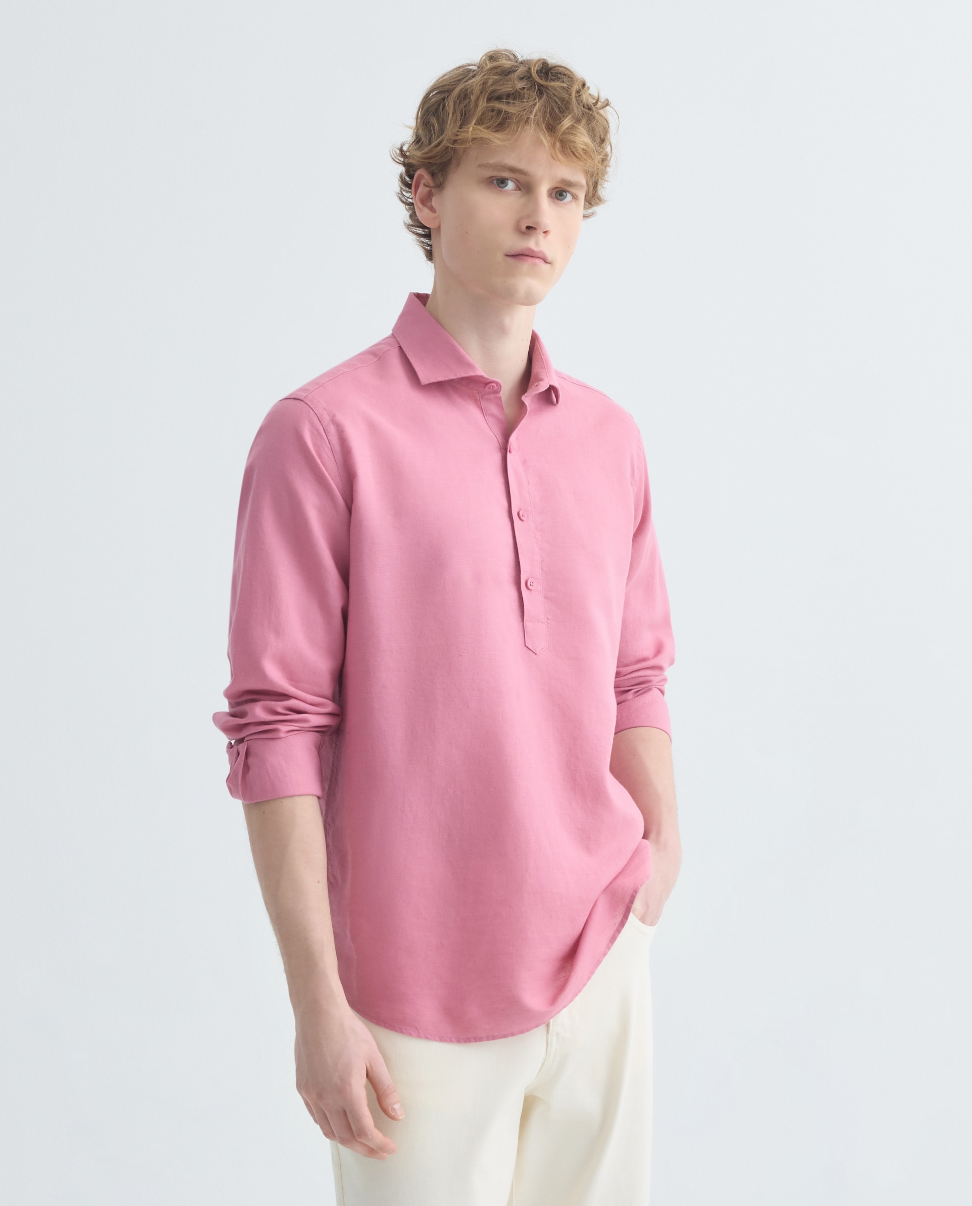 Camisa polera sport hombre lino y algodón lisa 200 Rosa-2