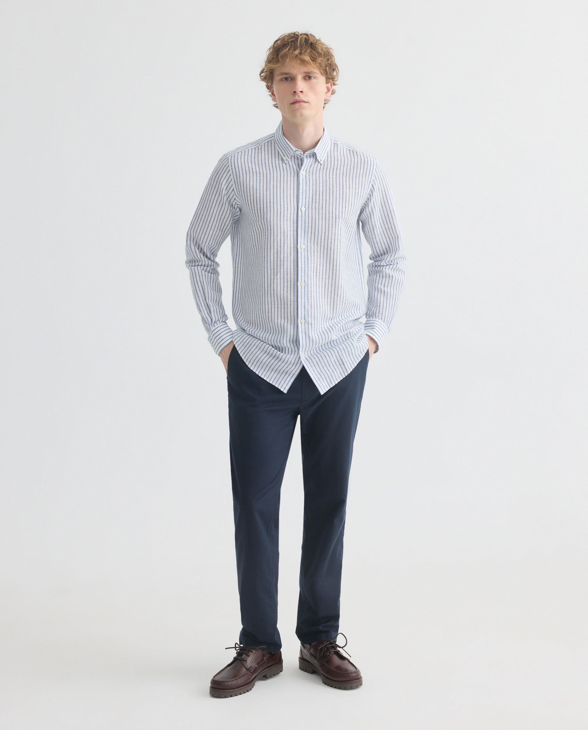 Camisa sport hombre lino y algodon rayas Blanco-2