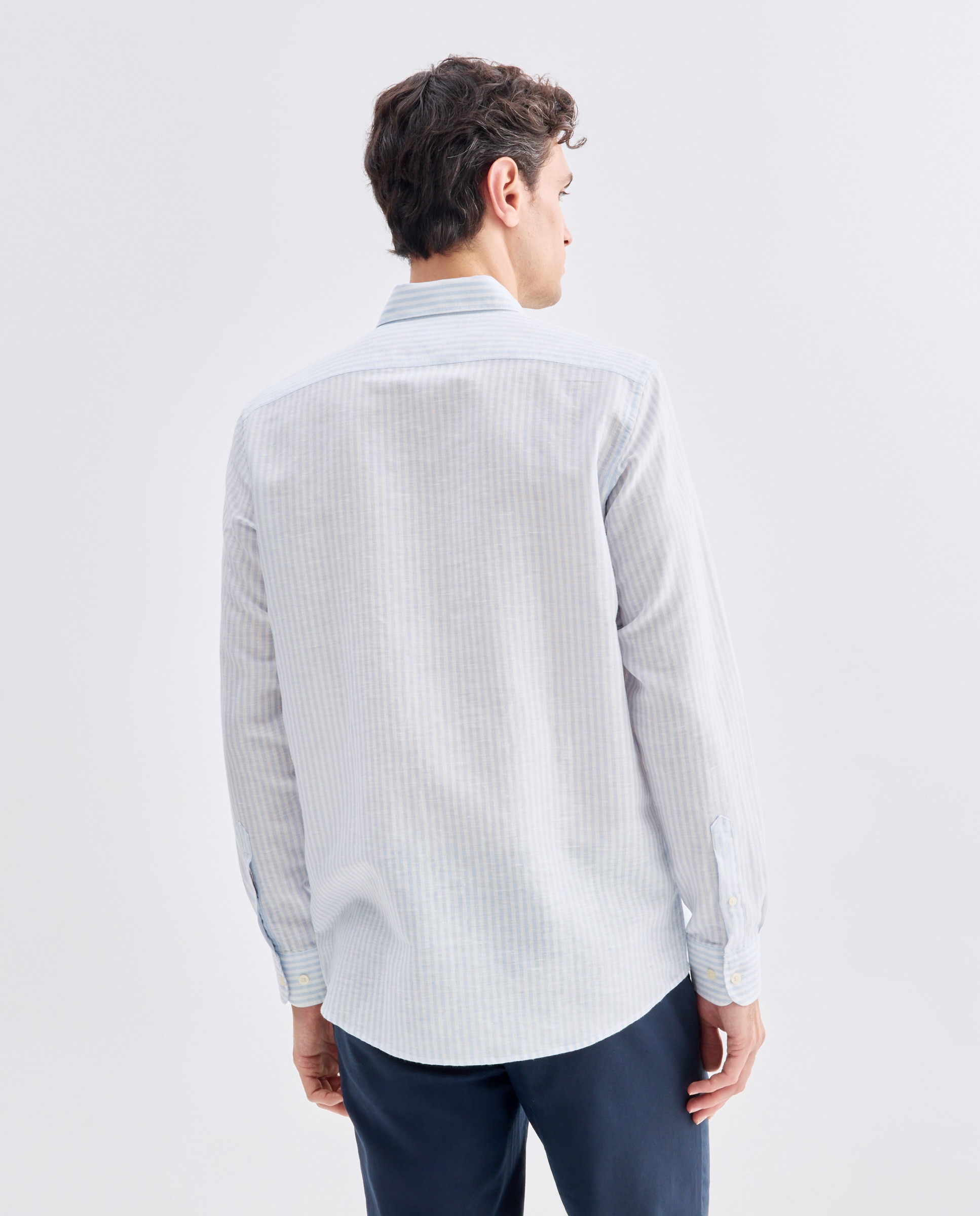 Camisa sport hombre lino y algodon rayas 410 Azul claro-3